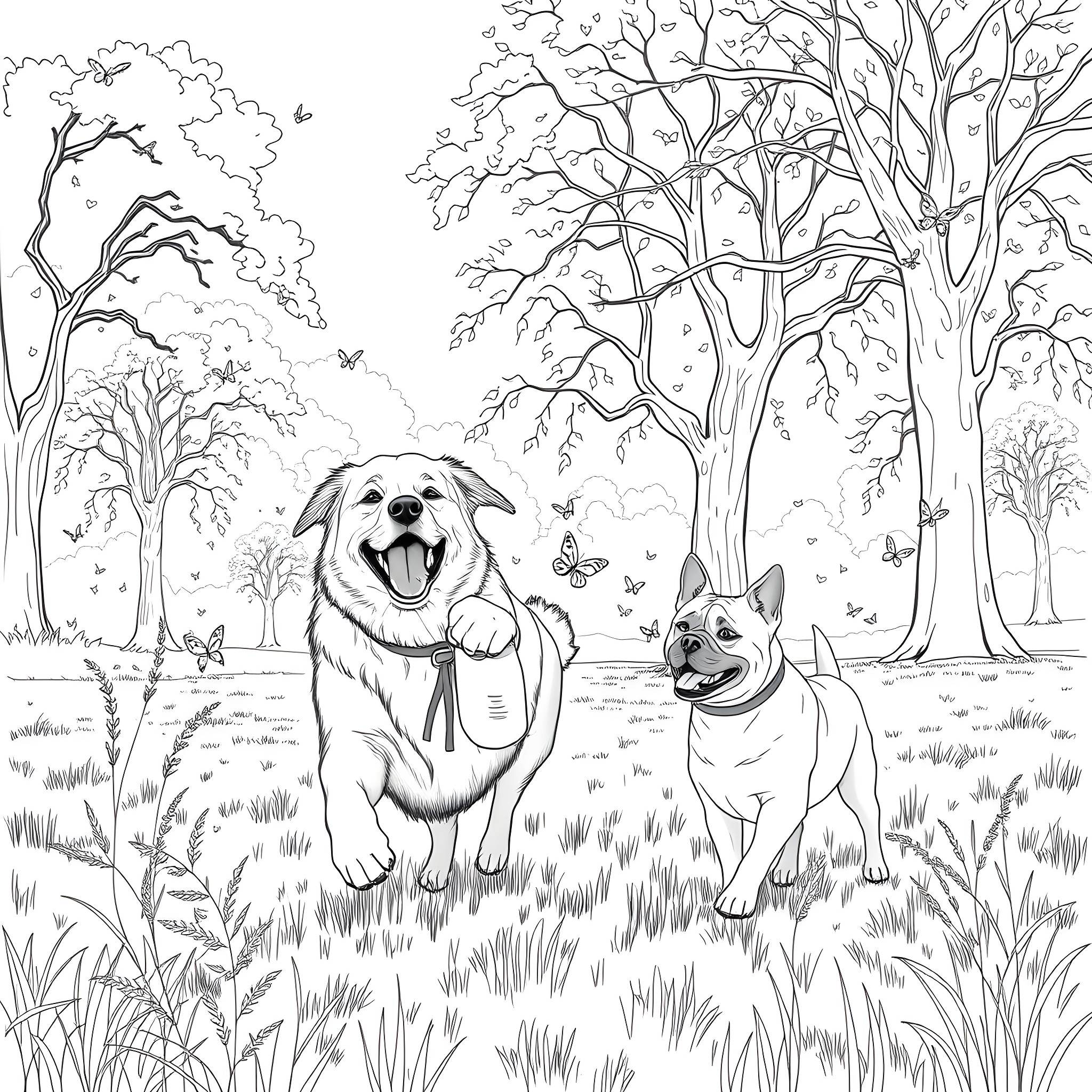 Dogs playing happily in the forest with butterflies Coloring Page (free black-and-white line drawing printable PDF for all, from beginners to advanced learners, including children, teens, adults, and seniors)