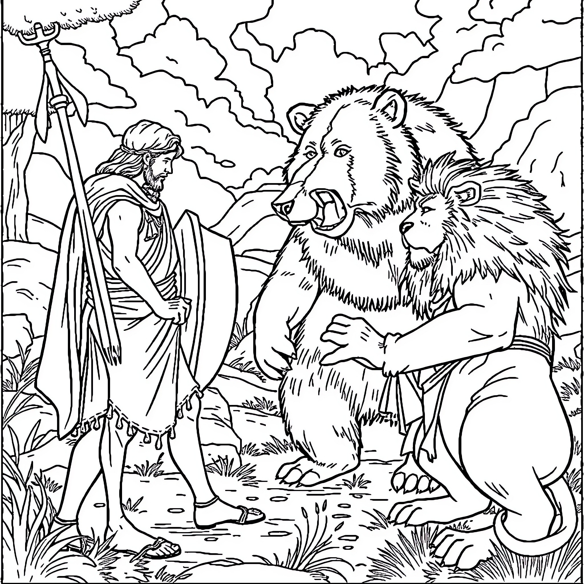 David Confronting the Fierce Lions in the Wilderness Coloring Page (free black-and-white line drawing printable PDF for all, from beginners to advanced learners, including children, teens, adults, and seniors)