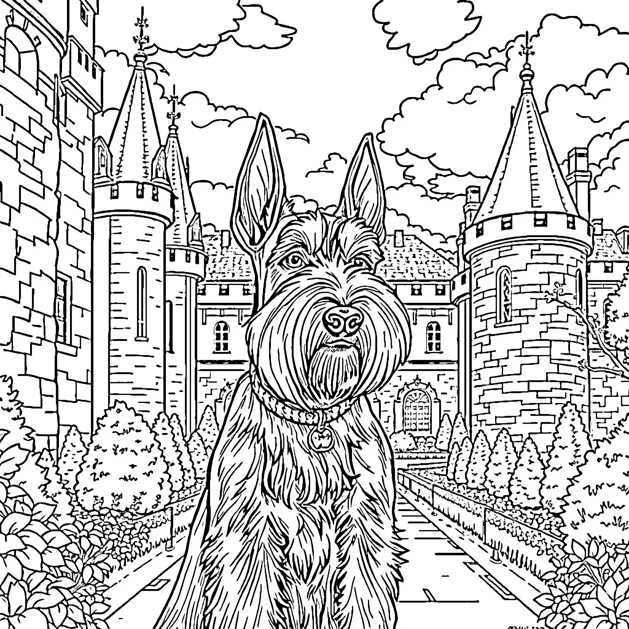 Schnauzer exploring a whimsical castle landscape Coloring Page (free black-and-white line drawing printable PDF for all, from beginners to advanced learners, including children, teens, adults, and seniors)