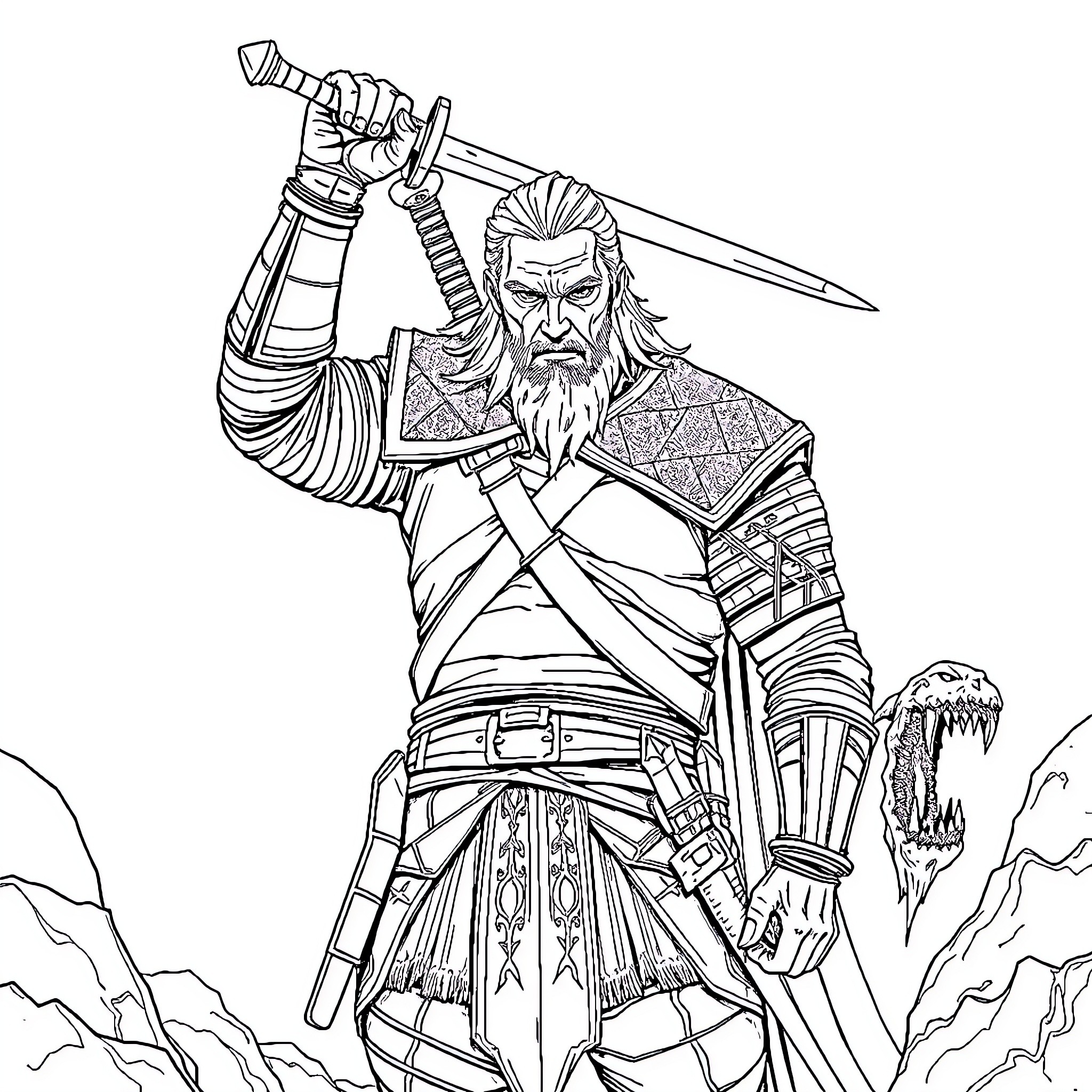 Geralt the Warrior Brandishing Sword in Battle Coloring Page (free black-and-white line drawing printable PDF for all, from beginners to advanced learners, including children, teens, adults, and seniors)