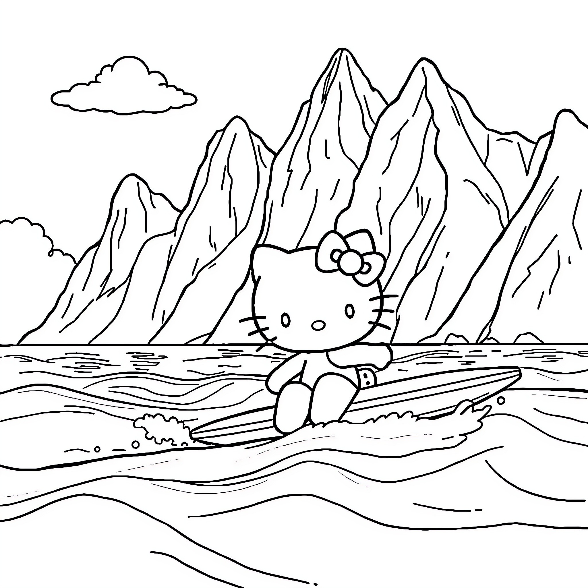 Hello Kitty relaxing on the beach by the mountains Coloring Page (free black-and-white line drawing printable PDF for all, from beginners to advanced learners, including children, teens, adults, and seniors)