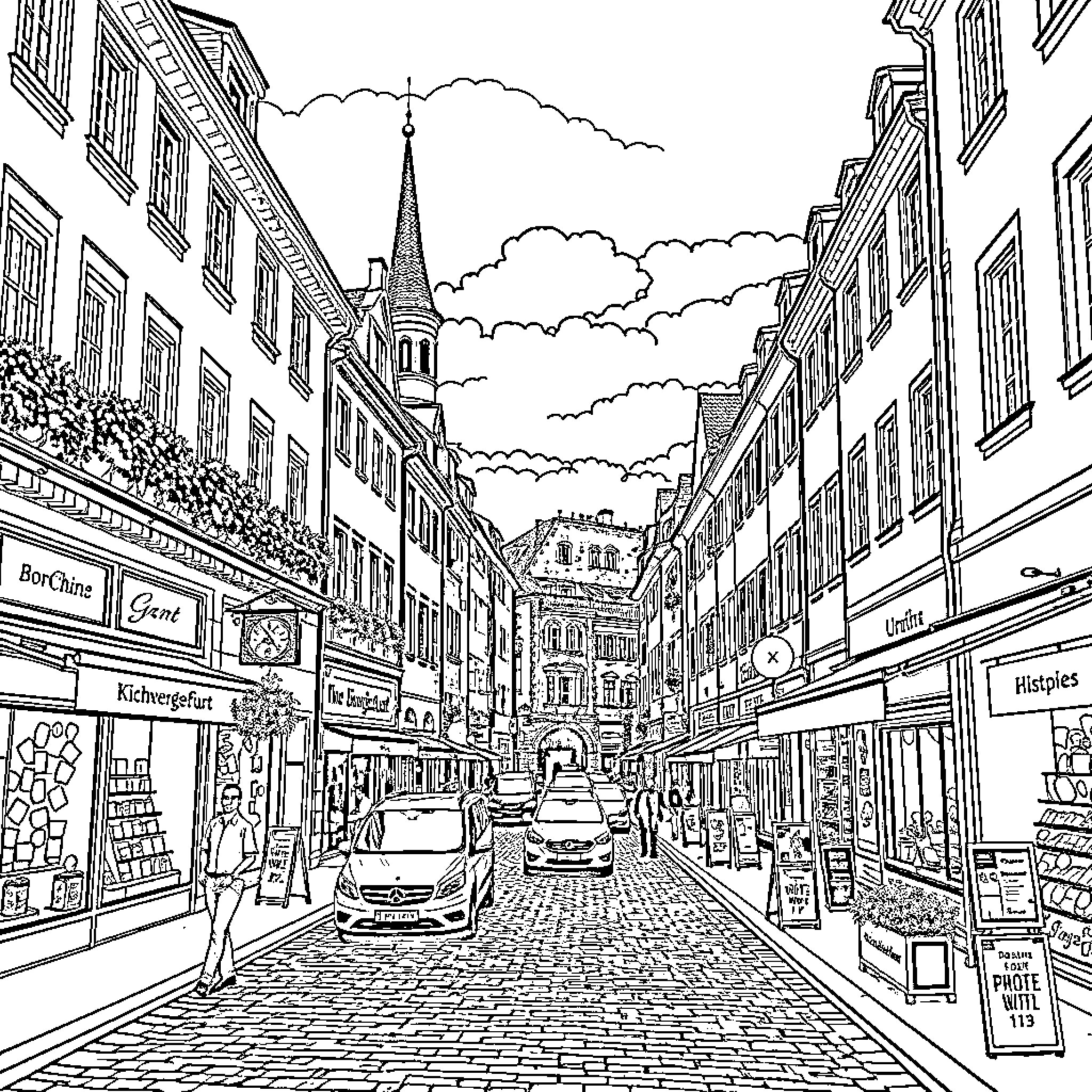 Klagenfurt: A Bustling Street Scene Coloring Page (free black-and-white line drawing printable PDF for all, from beginners to advanced learners, including children, teens, adults, and seniors)