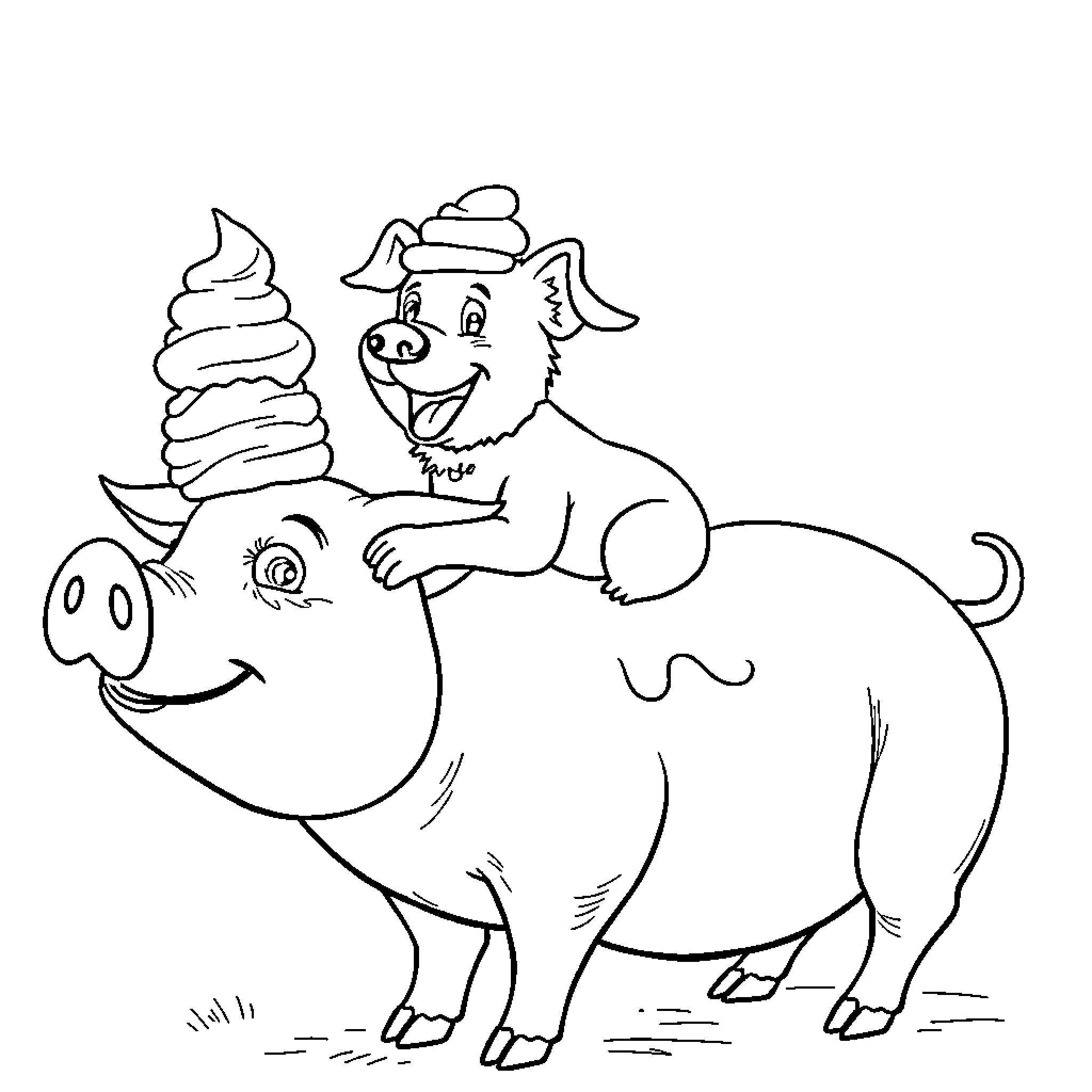 Dog playing with a happy pig Coloring Page (free black-and-white line drawing printable PDF for all, from beginners to advanced learners, including children, teens, adults, and seniors)