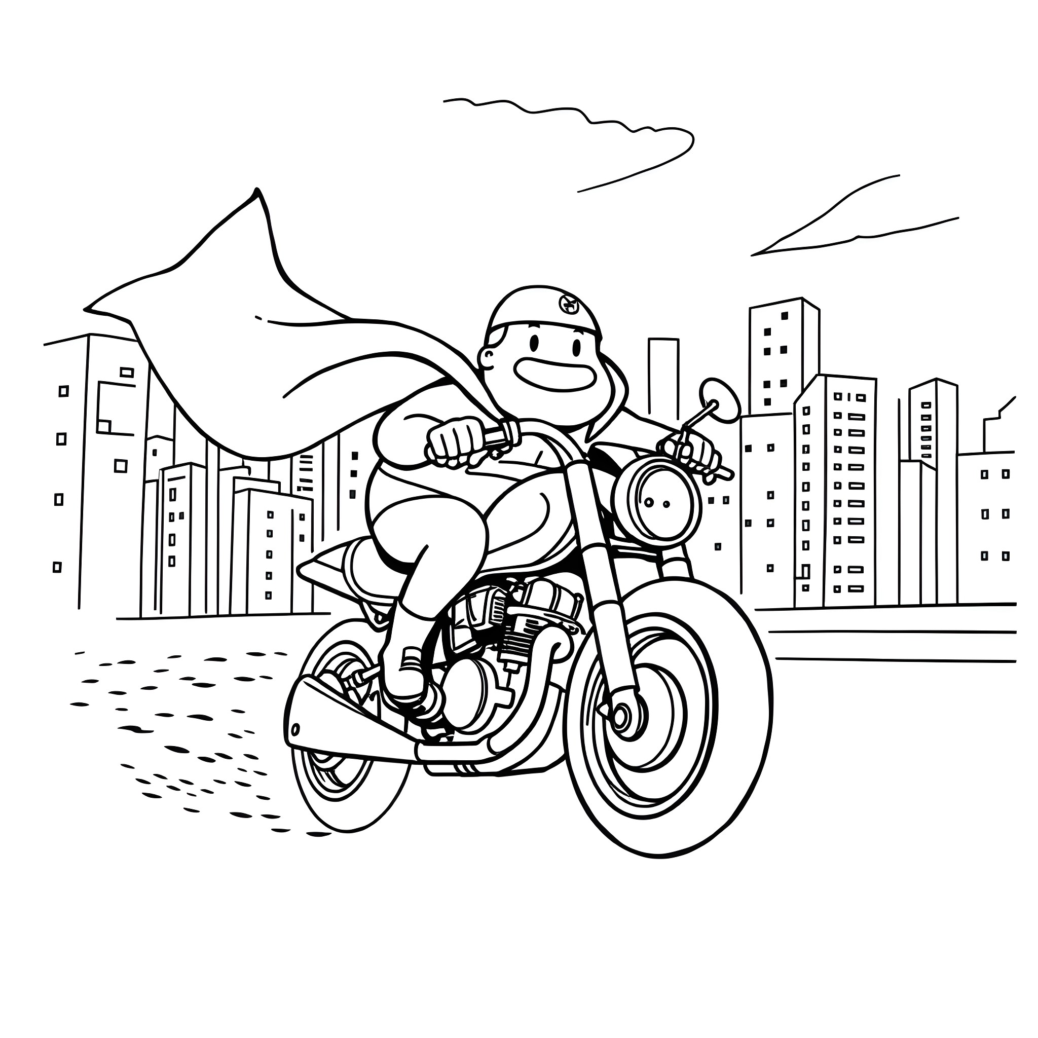 Captain Underpants rides motorcycle through city skyline Coloring Page (free black-and-white line drawing printable PDF for all, from beginners to advanced learners, including children, teens, adults, and seniors)