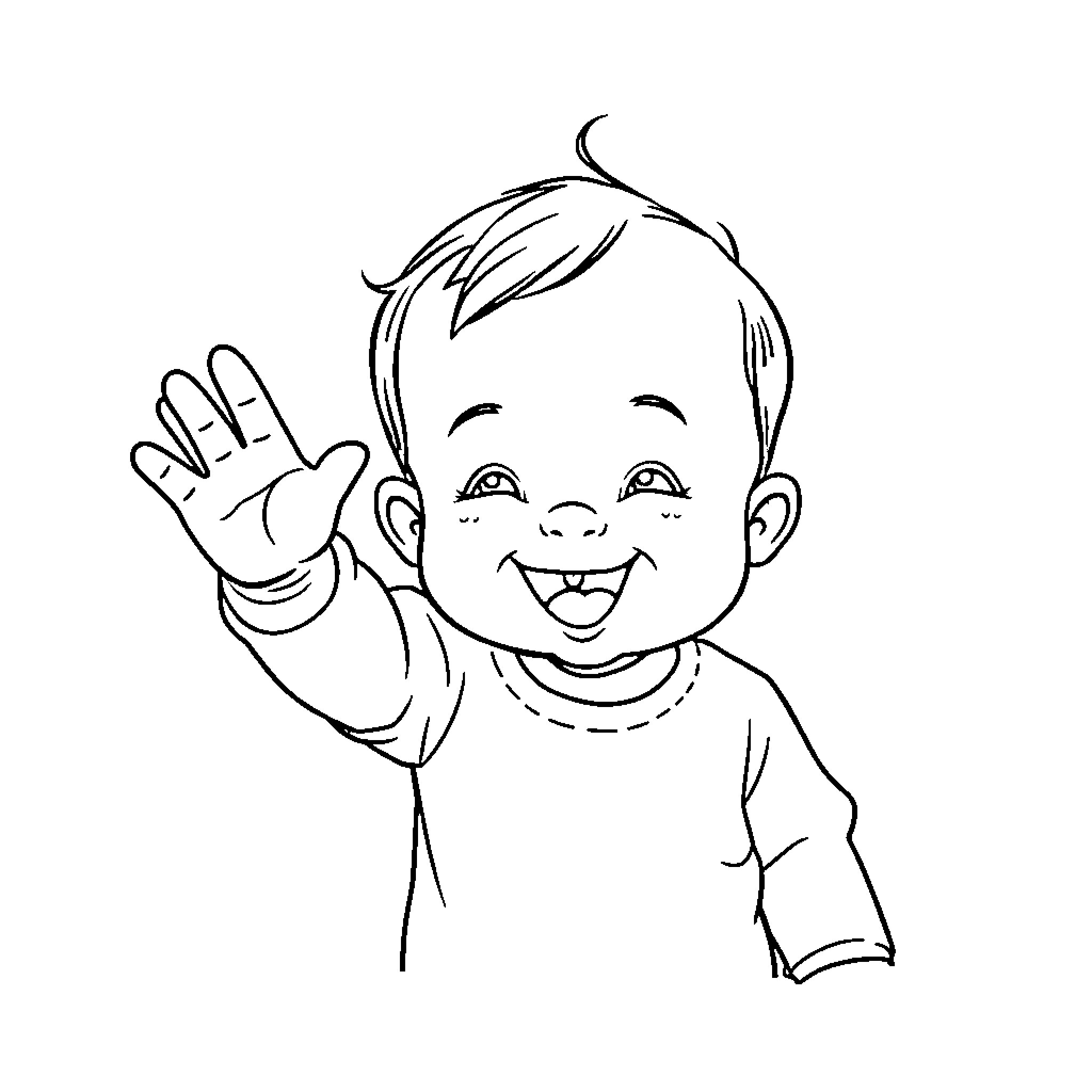 Baby waving and smiling happily Coloring Page (free black-and-white line drawing printable PDF for all, from beginners to advanced learners, including children, teens, adults, and seniors)