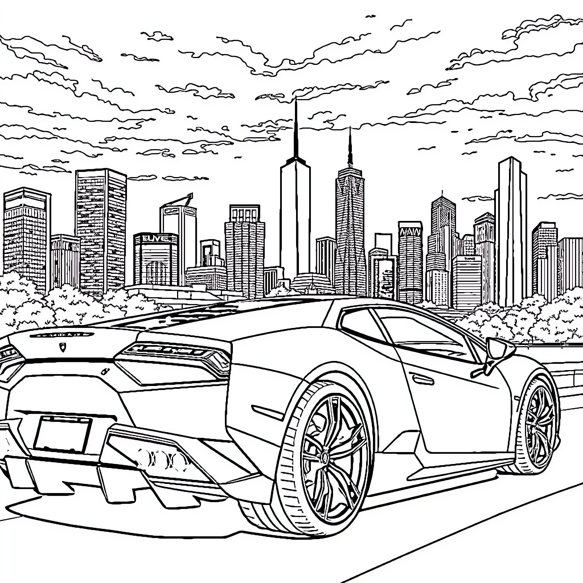 Lamborghini speeding through the cityscape Coloring Page (free black-and-white line drawing printable PDF for all, from beginners to advanced learners, including children, teens, adults, and seniors)