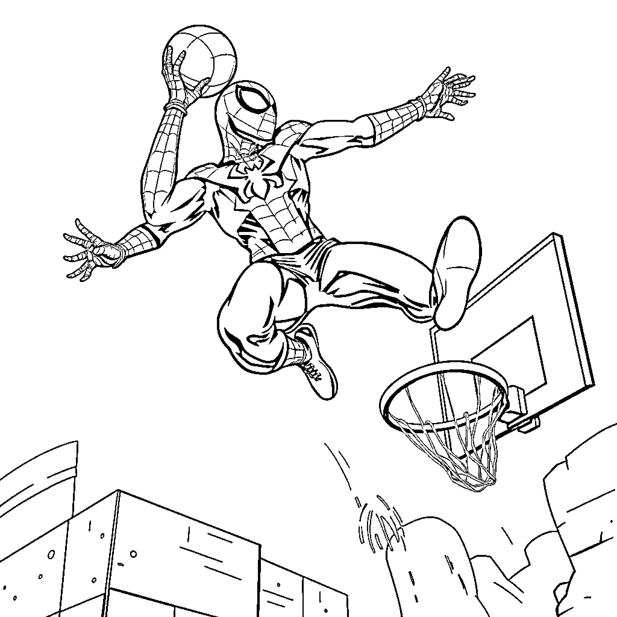 Spiderman leaping and dunking a basketball Coloring Page (free black-and-white line drawing printable PDF for all, from beginners to advanced learners, including children, teens, adults, and seniors)