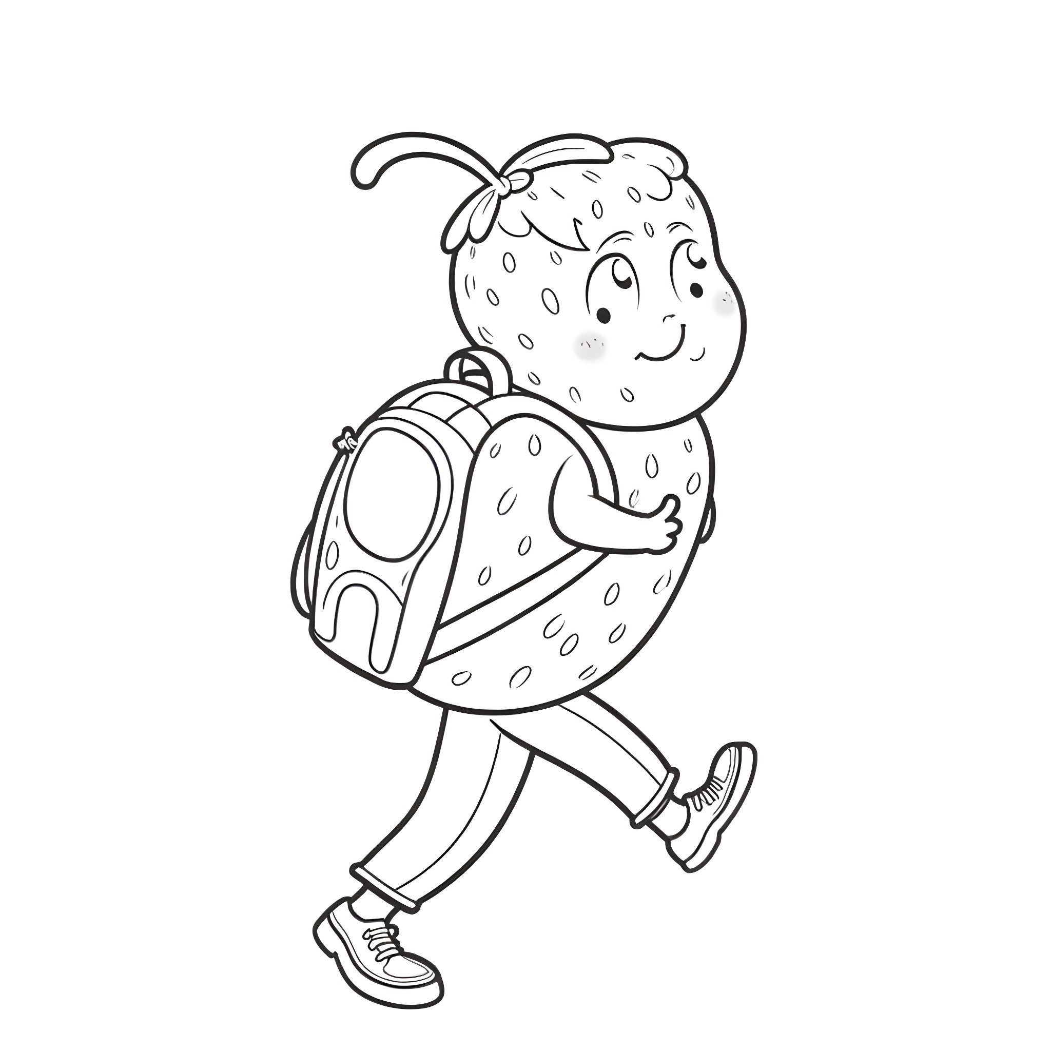 Strawberry student heading to school with backpack Coloring Page (free black-and-white line drawing printable PDF for all, from beginners to advanced learners, including children, teens, adults, and seniors)