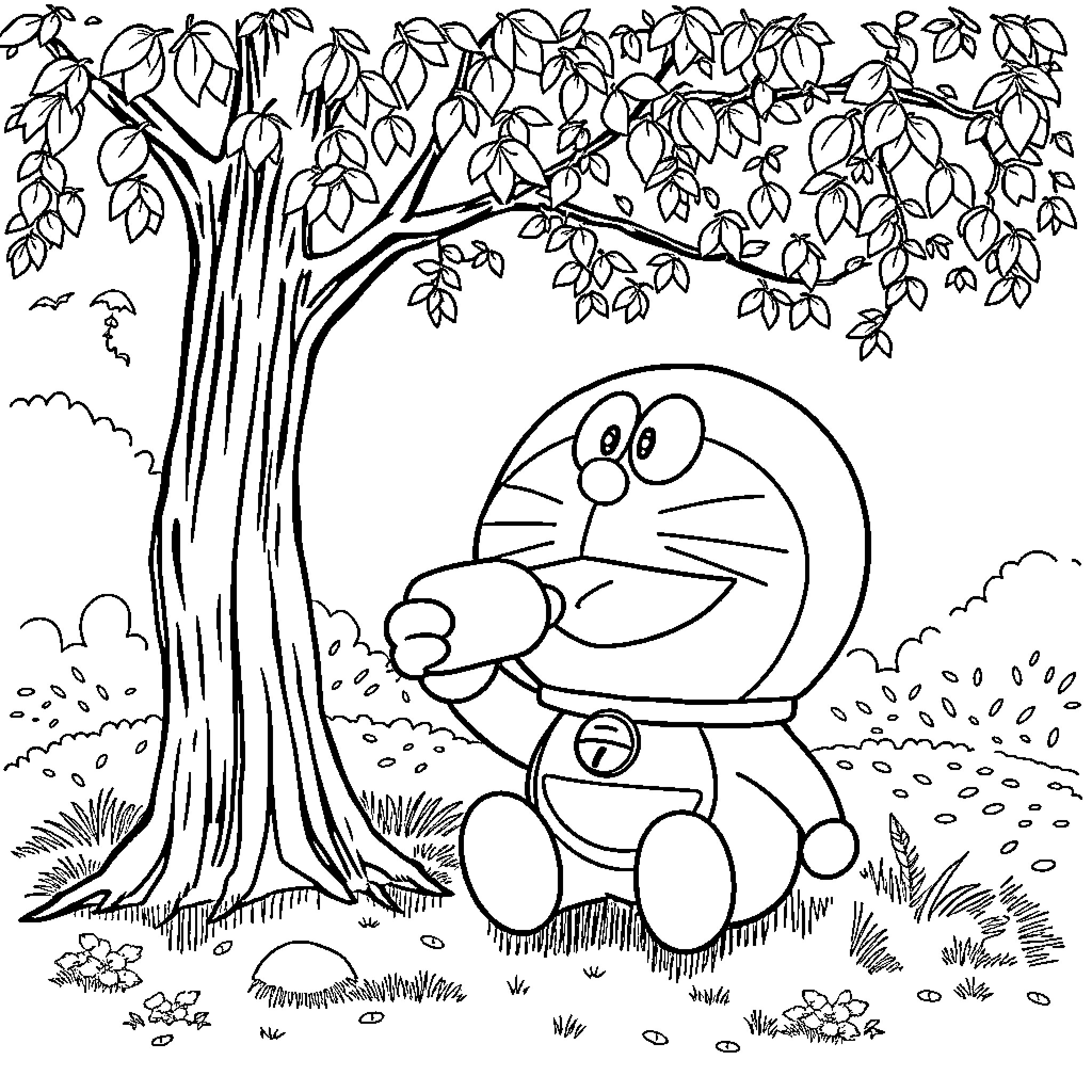 Doraemon enjoying nature under a tree Coloring Page (free black-and-white line drawing printable PDF for all, from beginners to advanced learners, including children, teens, adults, and seniors)