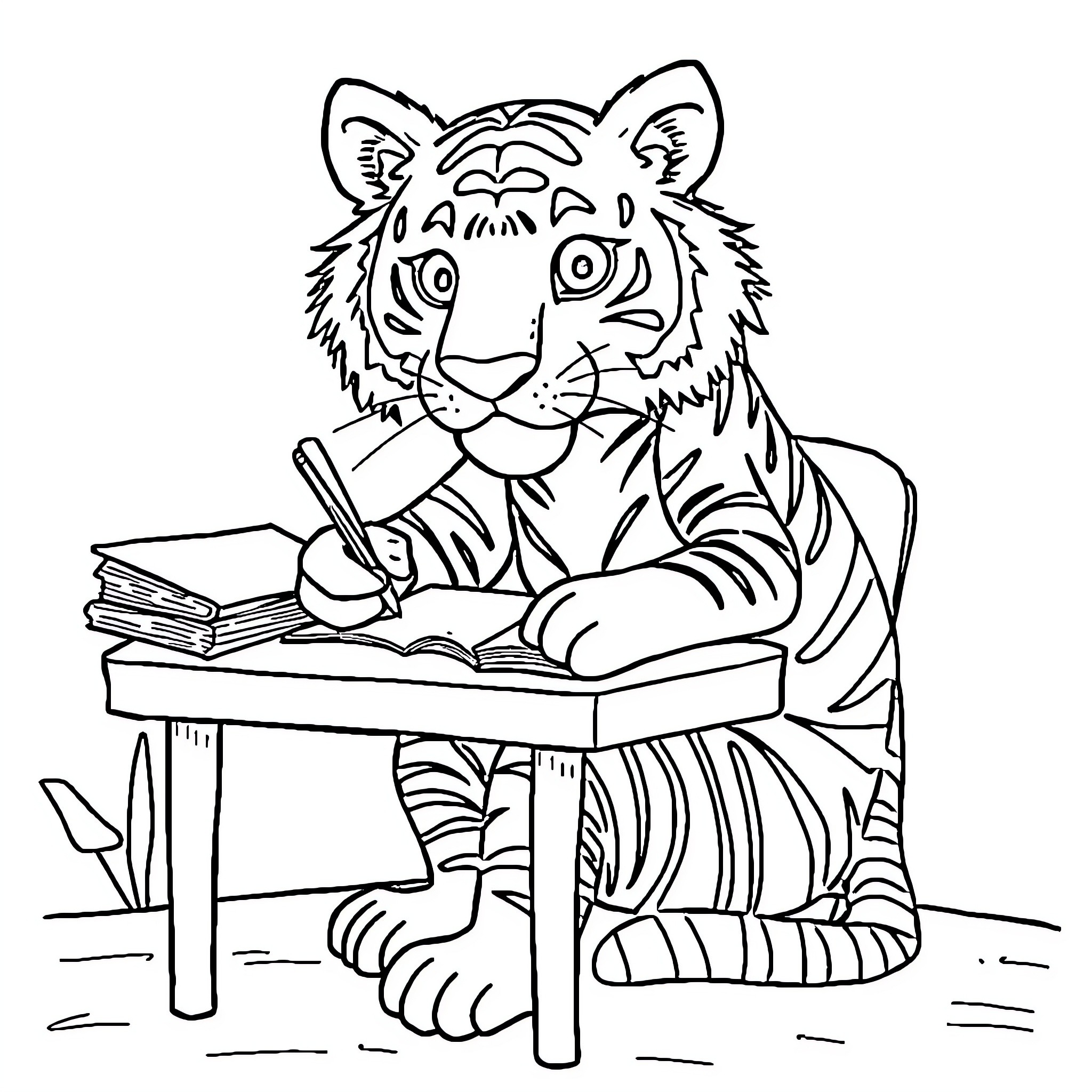 Tiger studying diligently at the desk Coloring Page (free black-and-white line drawing printable PDF for all, from beginners to advanced learners, including children, teens, adults, and seniors)