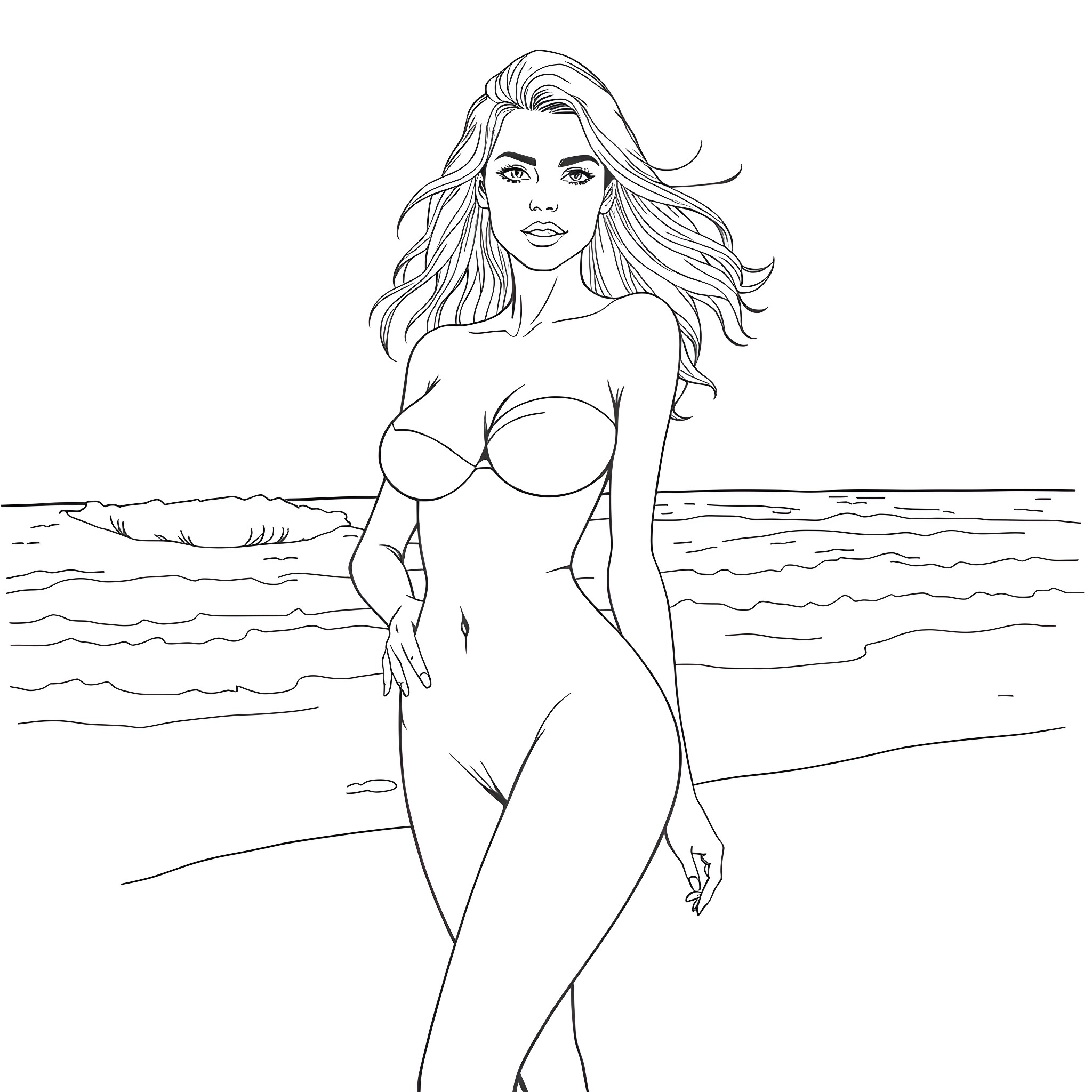 Woman posing confidently in a swimsuit on the beach Coloring Page (free black-and-white line drawing printable PDF for all, from beginners to advanced learners, including children, teens, adults, and seniors)