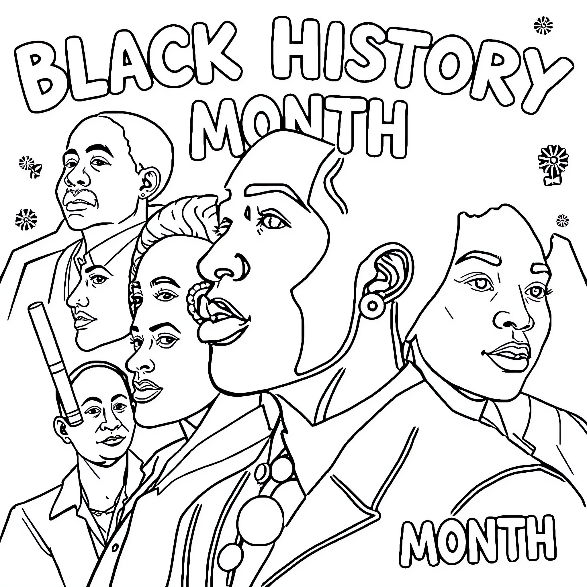 Black History Month Celebration of Diversity and Inclusion Coloring Page (free black-and-white line drawing printable PDF for all, from beginners to advanced learners, including children, teens, adults, and seniors)