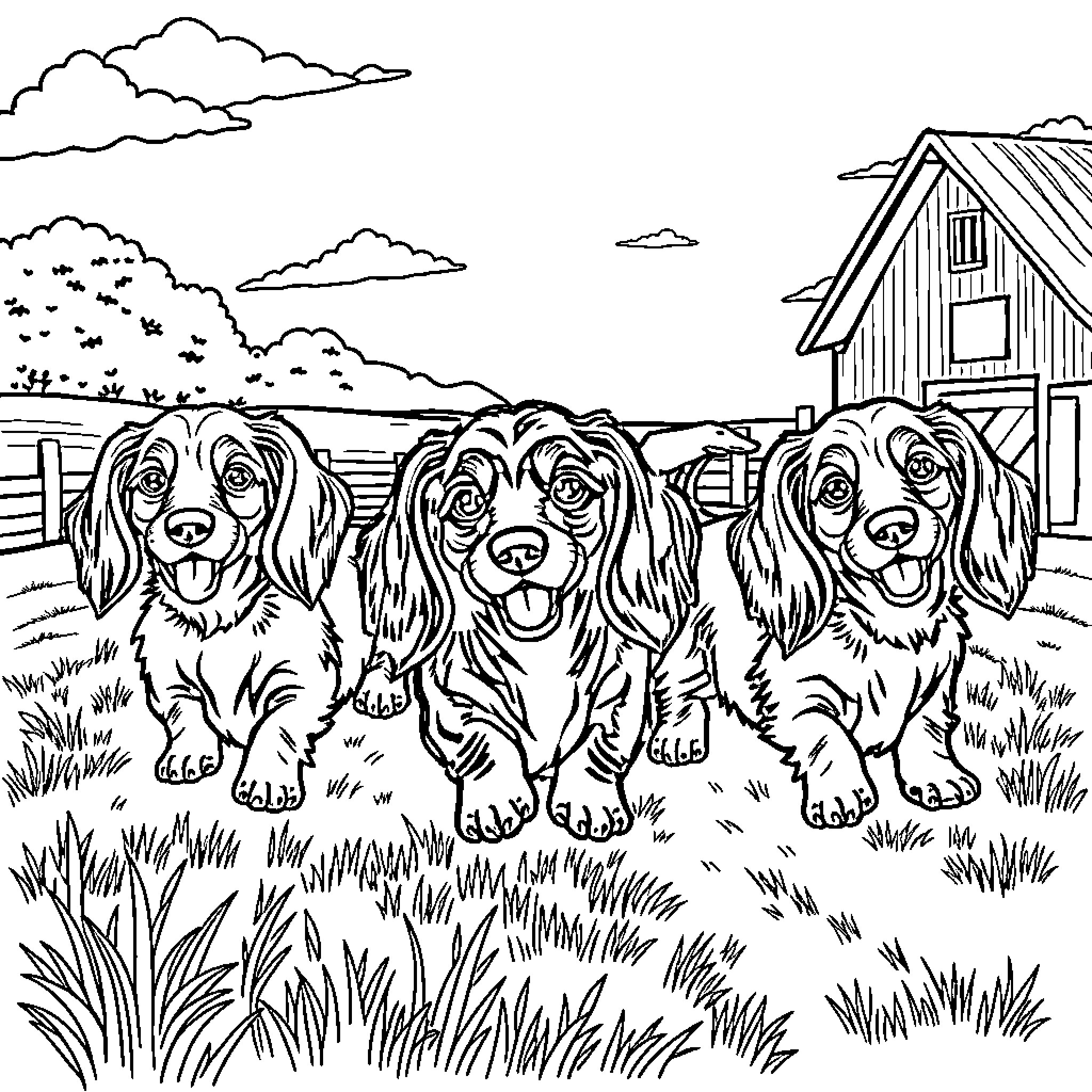 Dachshund dogs exploring the countryside Coloring Page (free black-and-white line drawing printable PDF for all, from beginners to advanced learners, including children, teens, adults, and seniors)