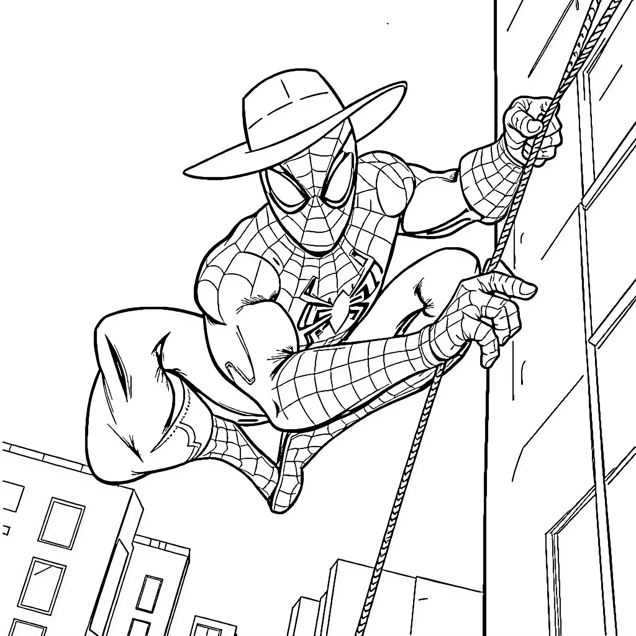 Spider-Man swinging through the city with action poses Coloring Page (free black-and-white line drawing printable PDF for all, from beginners to advanced learners, including children, teens, adults, and seniors)