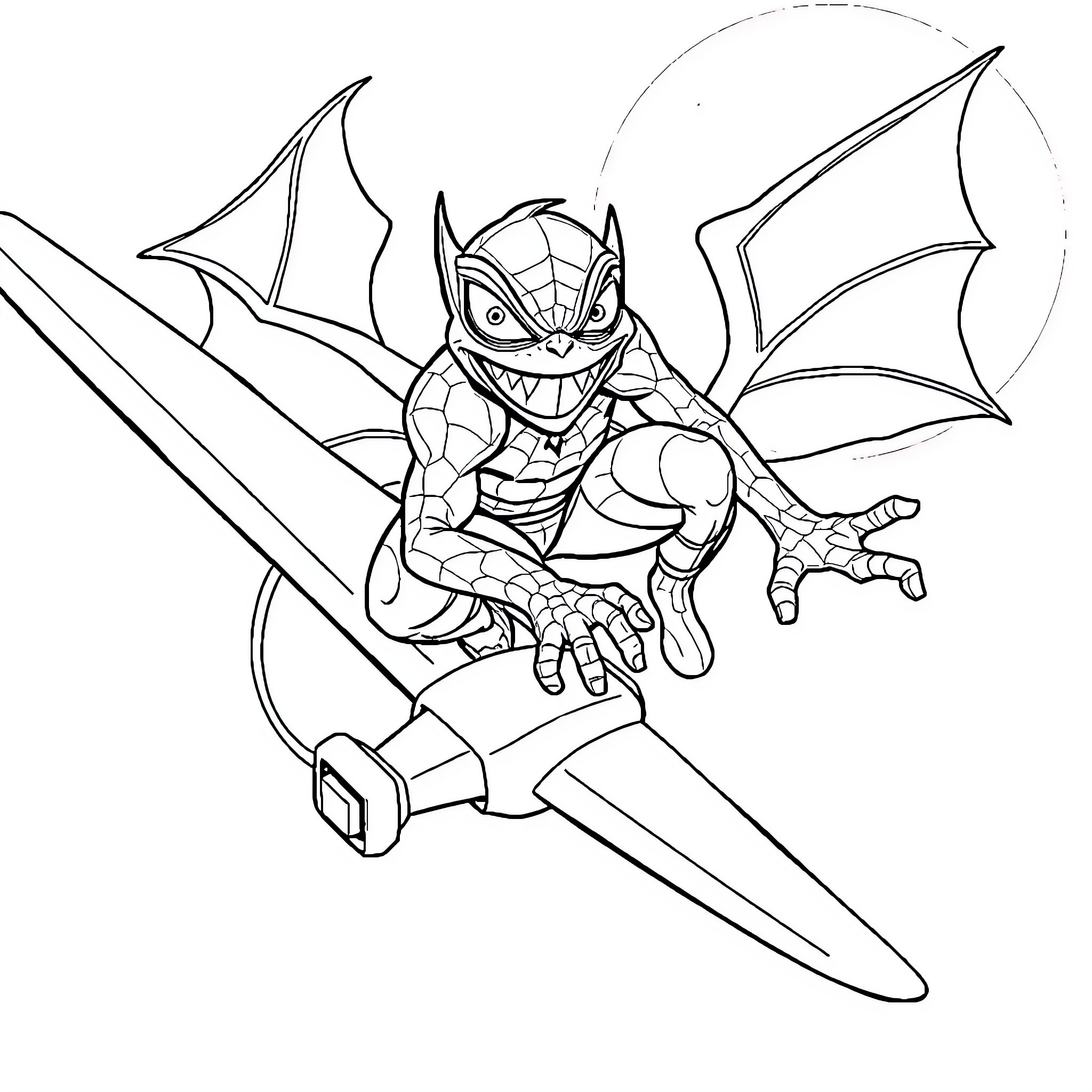 Green Goblin in Action Wielding Sword and Wings Coloring Page (free black-and-white line drawing printable PDF for all, from beginners to advanced learners, including children, teens, adults, and seniors)