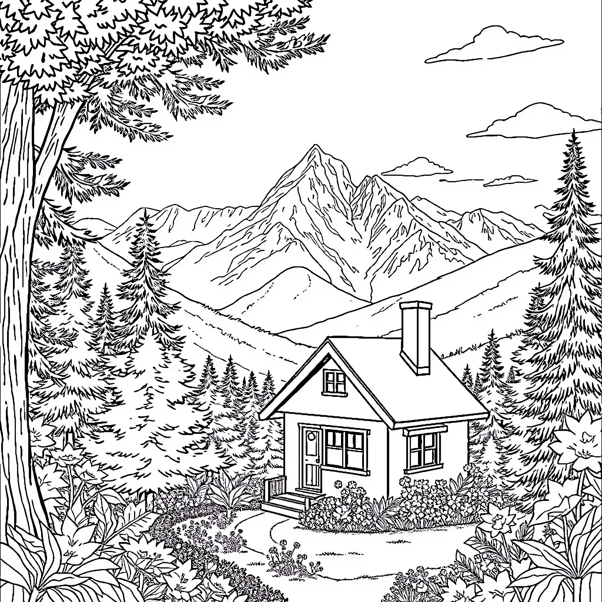 House in a Serene Mountain Landscape Coloring Page (free black-and-white line drawing printable PDF for all, from beginners to advanced learners, including children, teens, adults, and seniors)