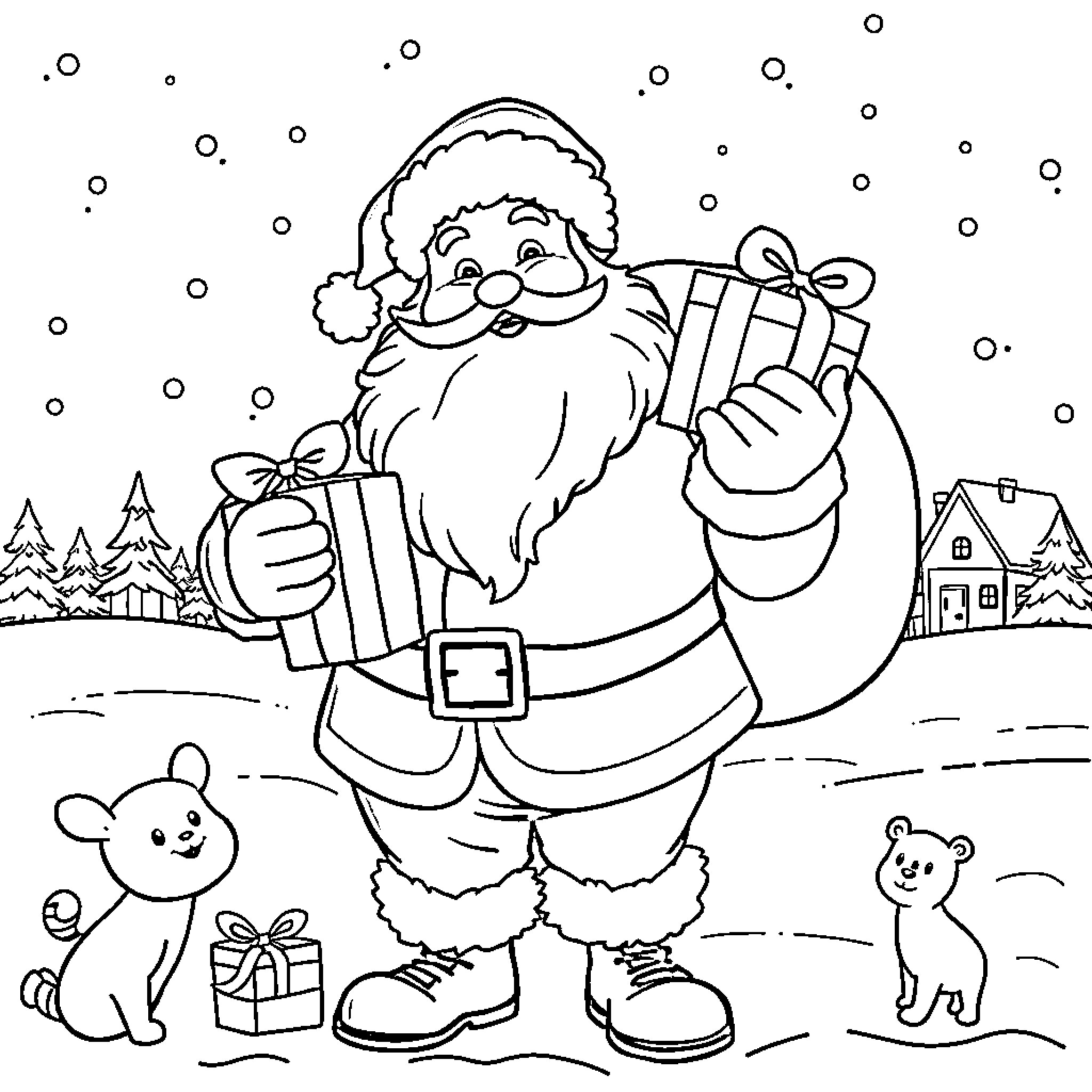 Santa delivering gifts in a winter wonderland Coloring Page (free black-and-white line drawing printable PDF for all, from beginners to advanced learners, including children, teens, adults, and seniors)