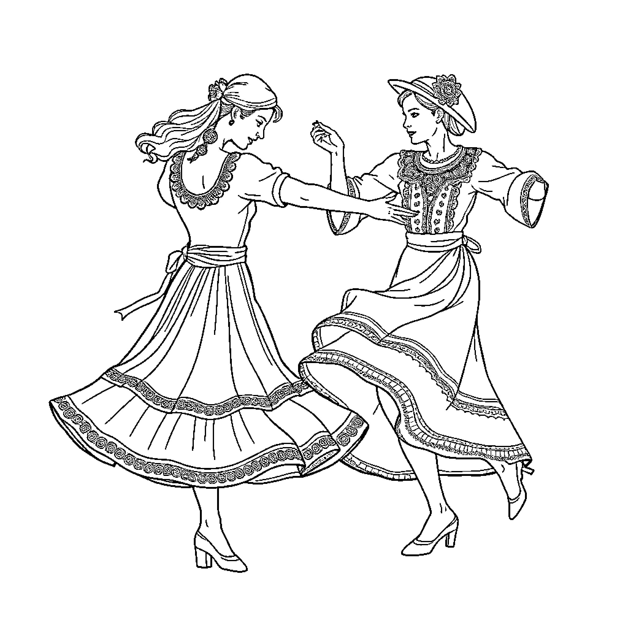 Dancer pair in traditional folk costume performance Coloring Page (free black-and-white line drawing printable PDF for all, from beginners to advanced learners, including children, teens, adults, and seniors)