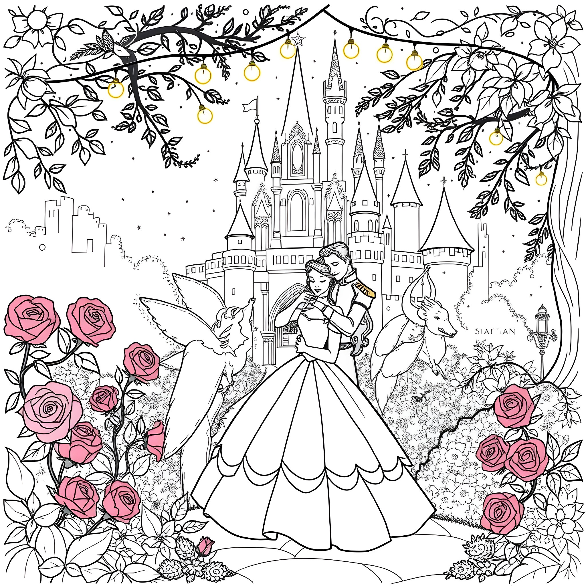 Belle's Enchanted Castle and Fairy Tale Adventure Coloring Page (free black-and-white line drawing printable PDF for all, from beginners to advanced learners, including children, teens, adults, and seniors)