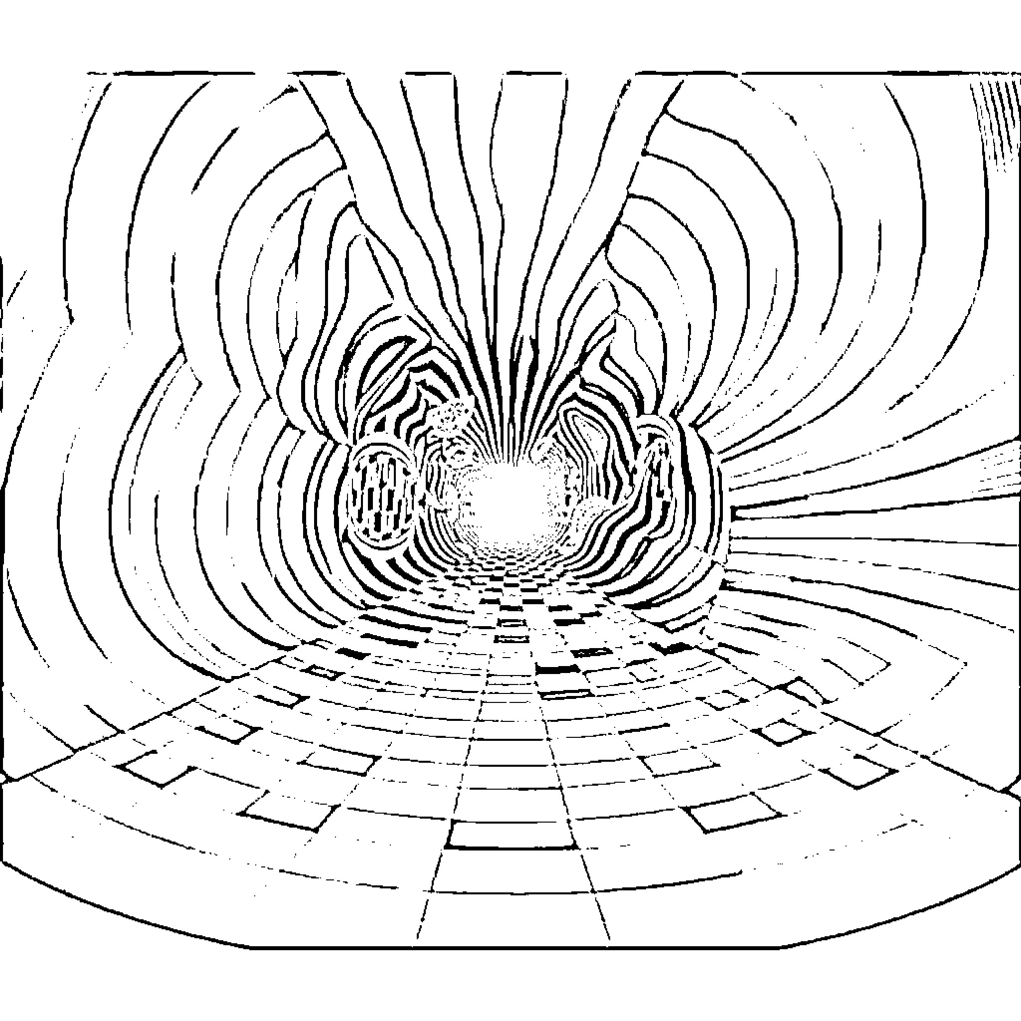 Illusion of abstract geometric patterns Coloring Page (free black-and-white line drawing printable PDF for all, from beginners to advanced learners, including children, teens, adults, and seniors)