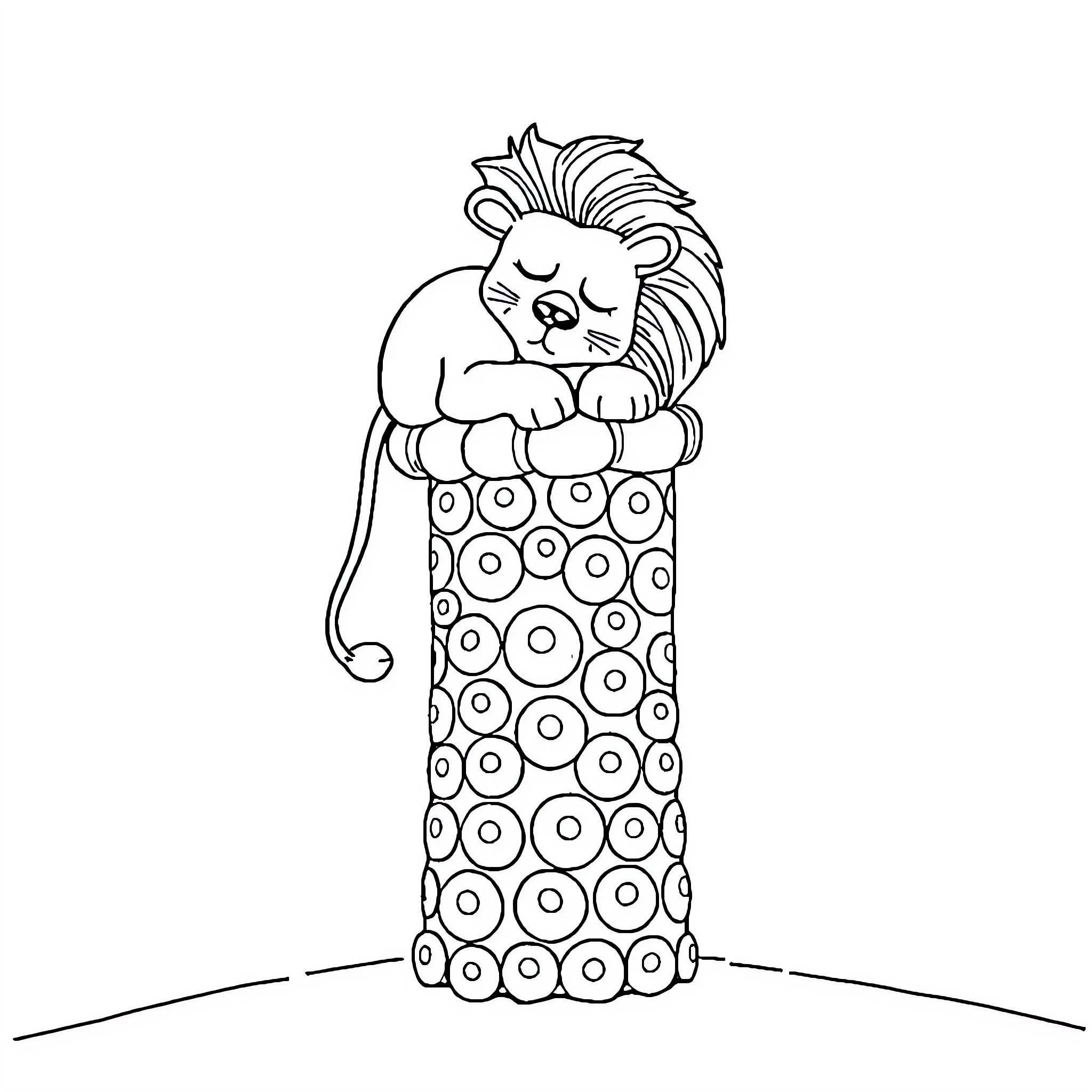 Lion sleeping peacefully in patterned sack Coloring Page (free black-and-white line drawing printable PDF for all, from beginners to advanced learners, including children, teens, adults, and seniors)