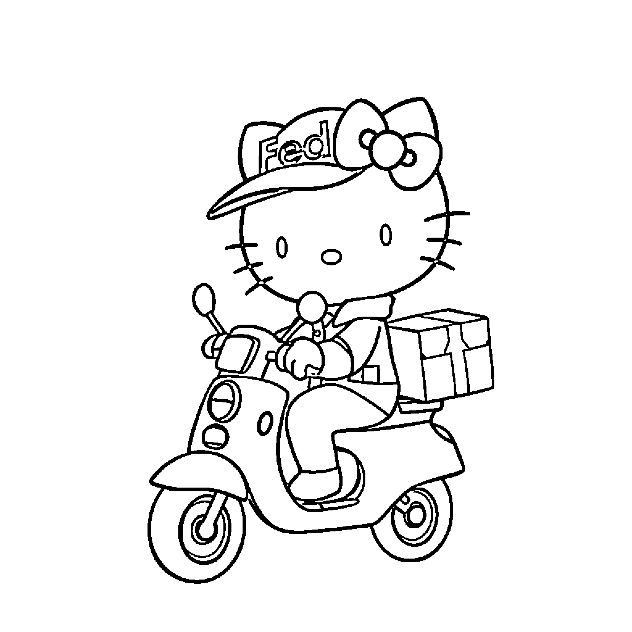 Hello Kitty delivers packages on her scooter Coloring Page (free black-and-white line drawing printable PDF for all, from beginners to advanced learners, including children, teens, adults, and seniors)