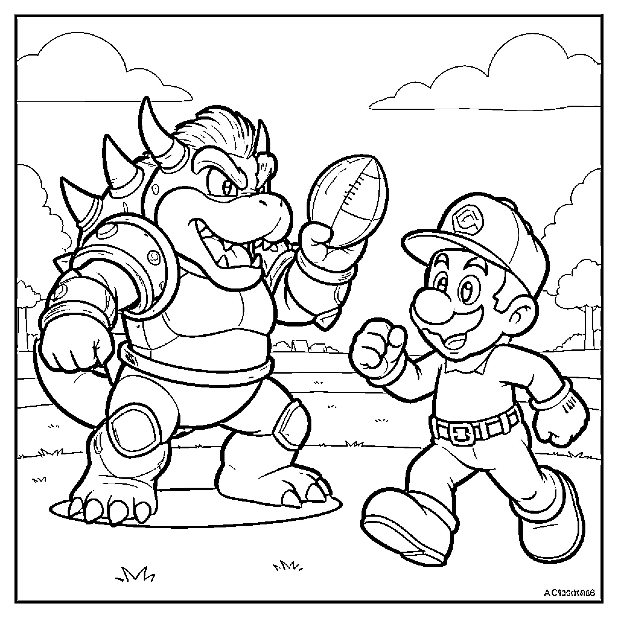 Bowser and Mario playing football in the park Coloring Page (free black-and-white line drawing printable PDF for all, from beginners to advanced learners, including children, teens, adults, and seniors)