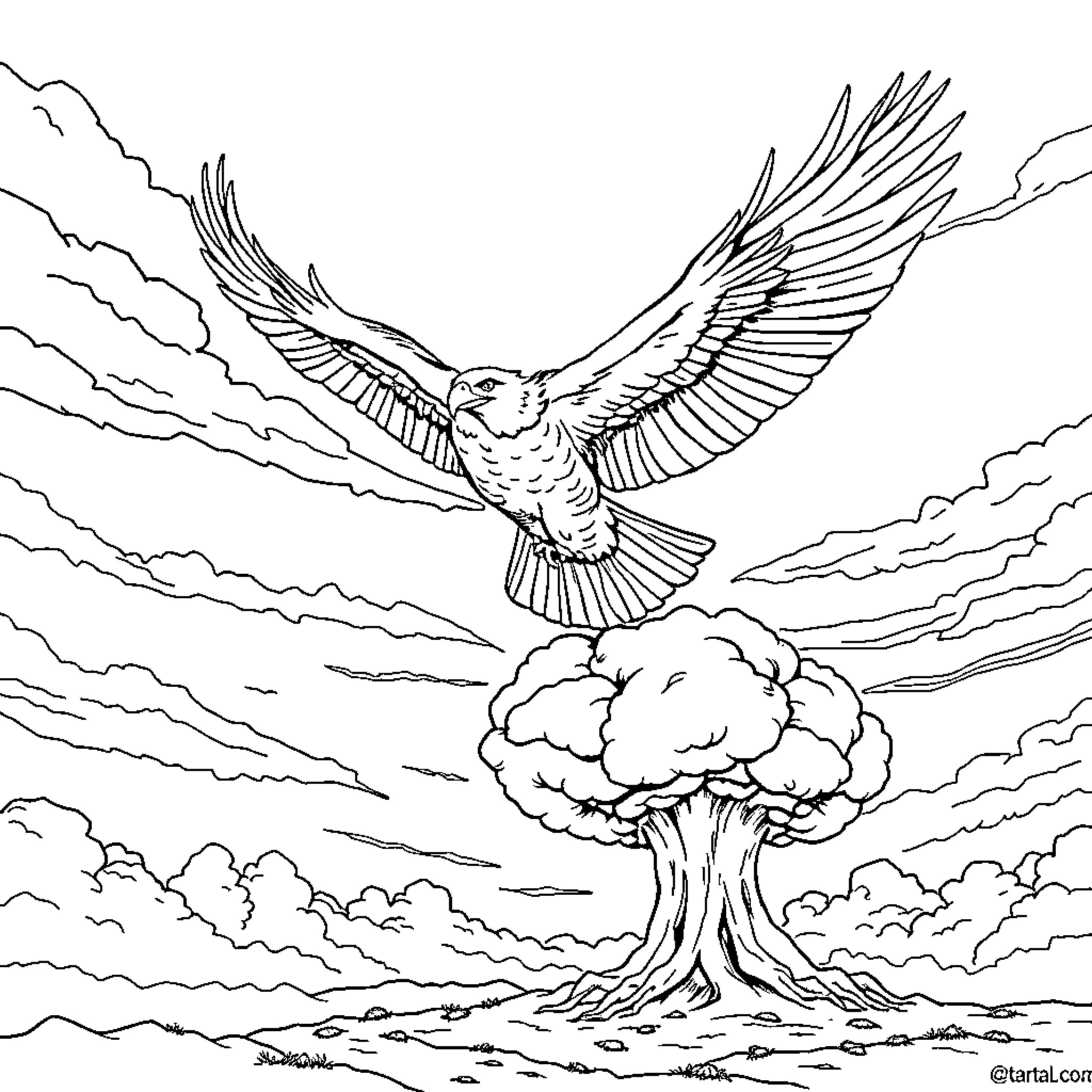 Eagle soaring through the cloudy sky Coloring Page (free black-and-white line drawing printable PDF for all, from beginners to advanced learners, including children, teens, adults, and seniors)