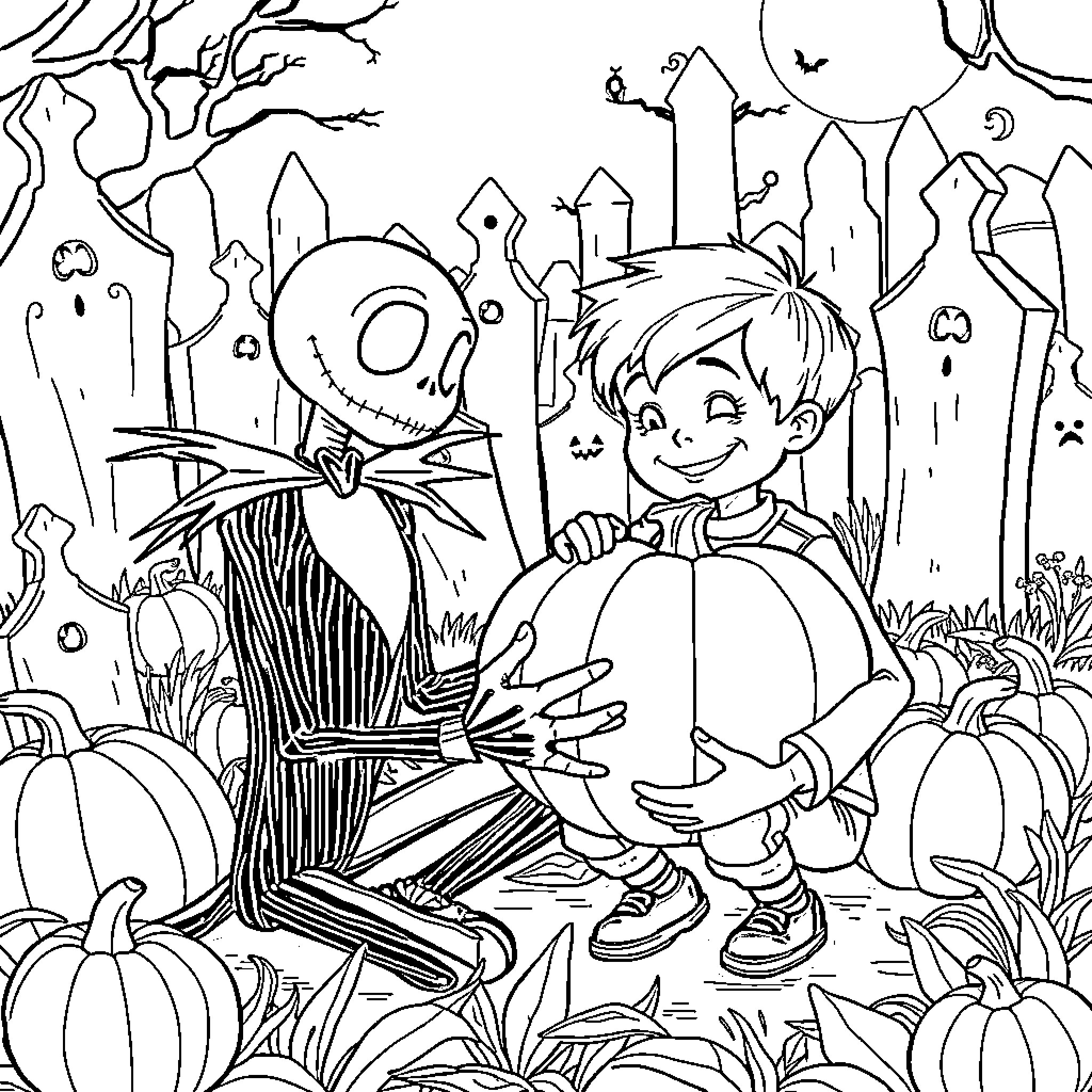 Jack Skeleton and boy exploring spooky pumpkin patch Coloring Page (free black-and-white line drawing printable PDF for all, from beginners to advanced learners, including children, teens, adults, and seniors)