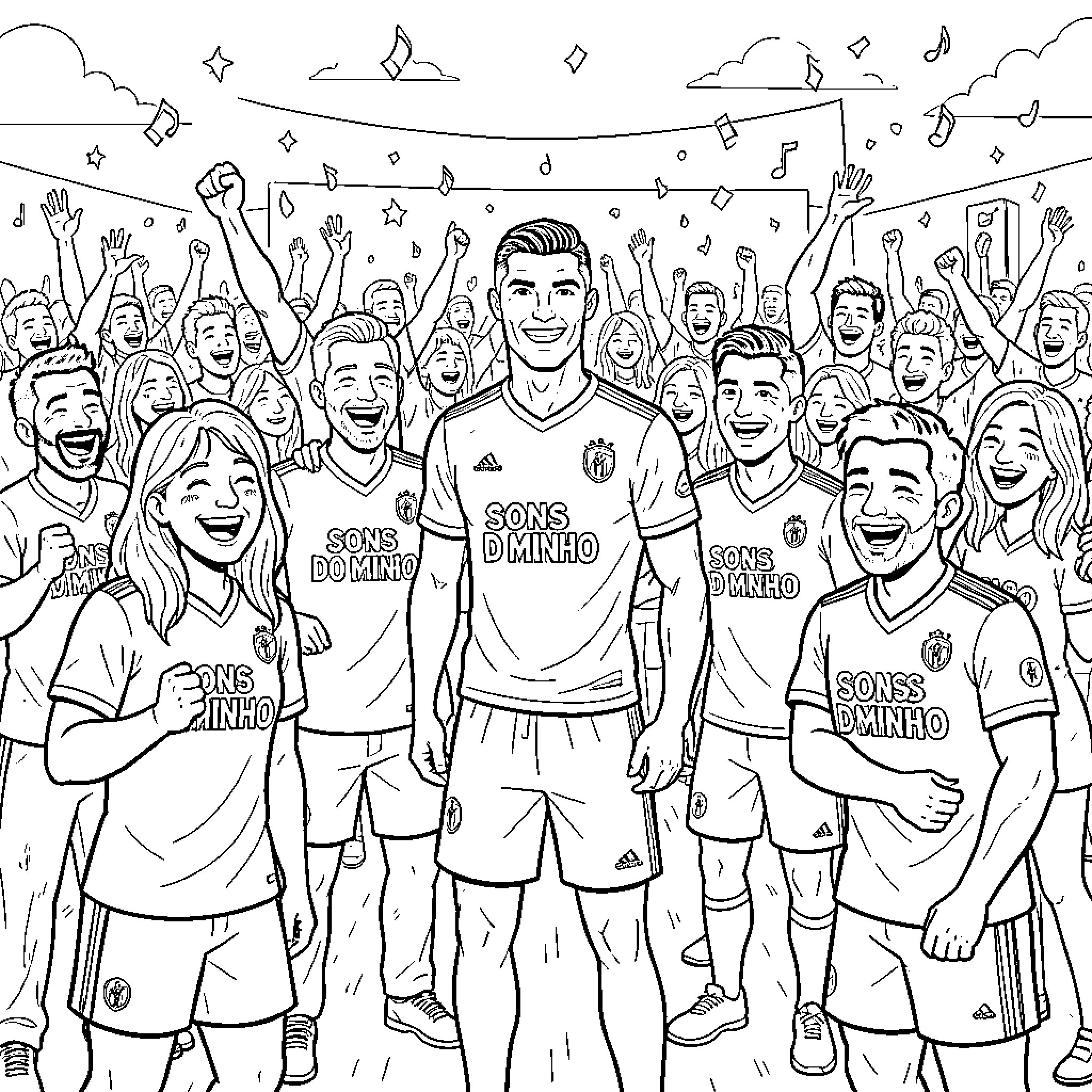 Cristiano Ronaldo celebrating a victory with his teammates Coloring Page (free black-and-white line drawing printable PDF for all, from beginners to advanced learners, including children, teens, adults, and seniors)