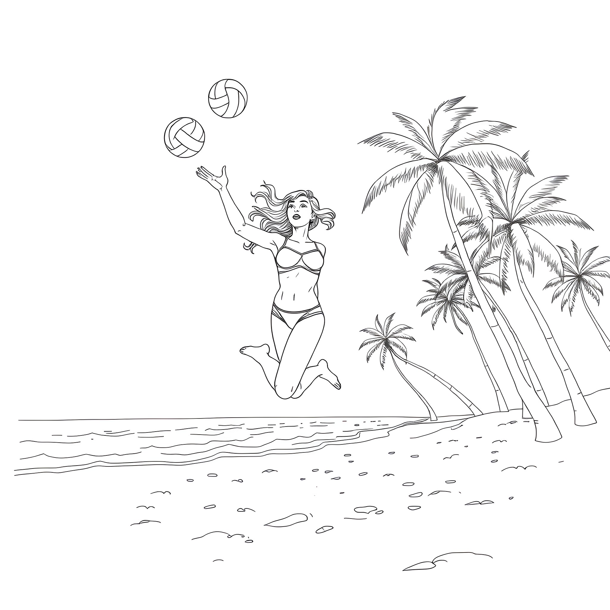 Sydney Sweeney playing beach volleyball on tropical shores Coloring Page (free black-and-white line drawing printable PDF for all, from beginners to advanced learners, including children, teens, adults, and seniors)