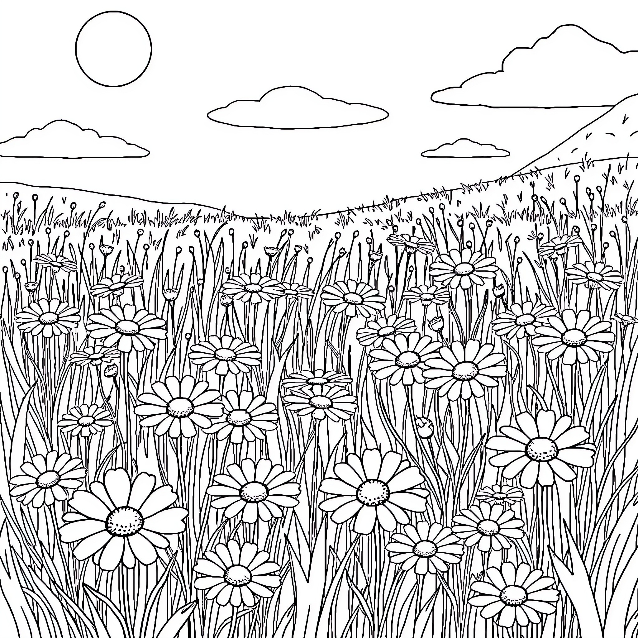 Daisy Field with Clouds and Sun Coloring Page (free black-and-white line drawing printable PDF for all, from beginners to advanced learners, including children, teens, adults, and seniors)