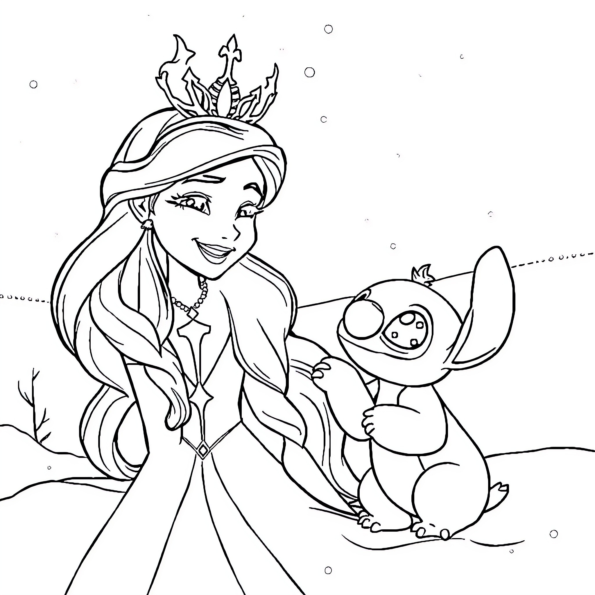 Queen and her Playful Companion Coloring Page (free black-and-white line drawing printable PDF for all, from beginners to advanced learners, including children, teens, adults, and seniors)