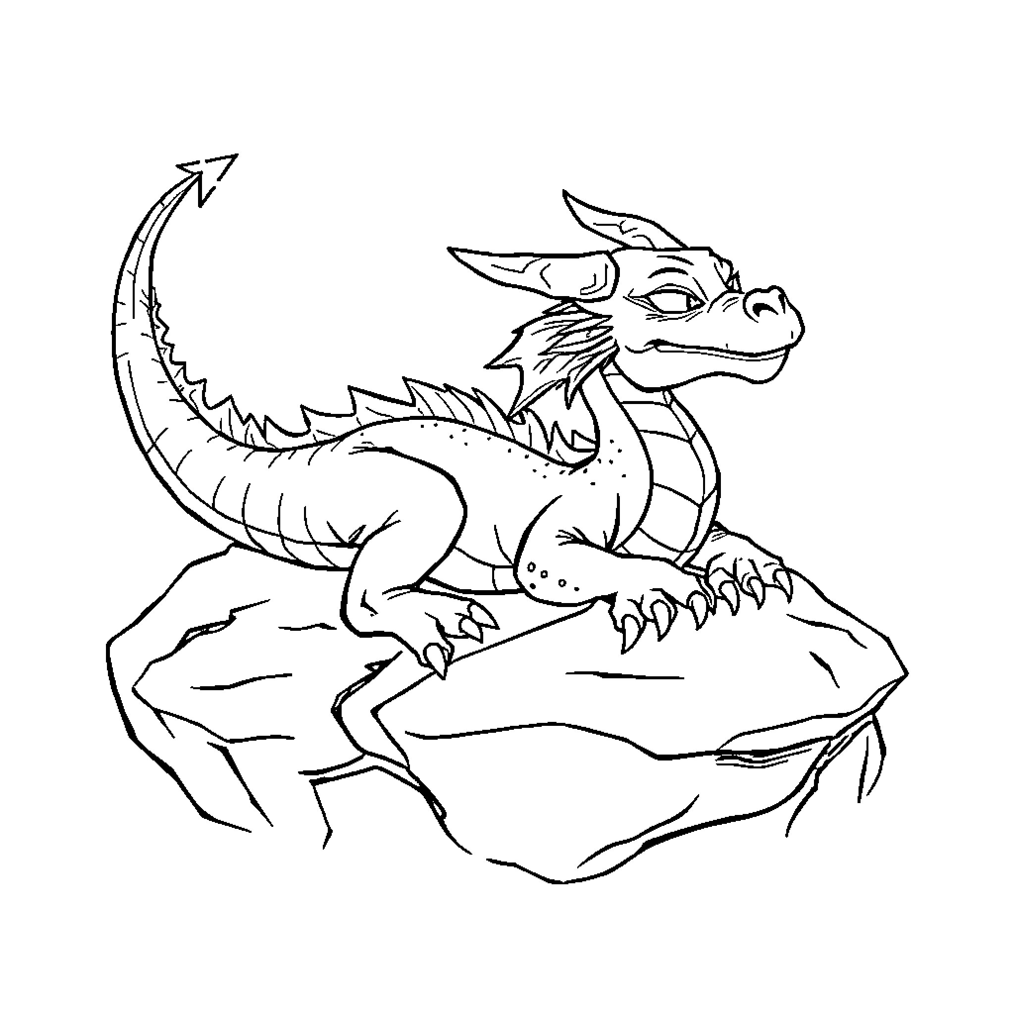 Dragon perched on rocky outcrop Coloring Page (free black-and-white line drawing printable PDF for all, from beginners to advanced learners, including children, teens, adults, and seniors)