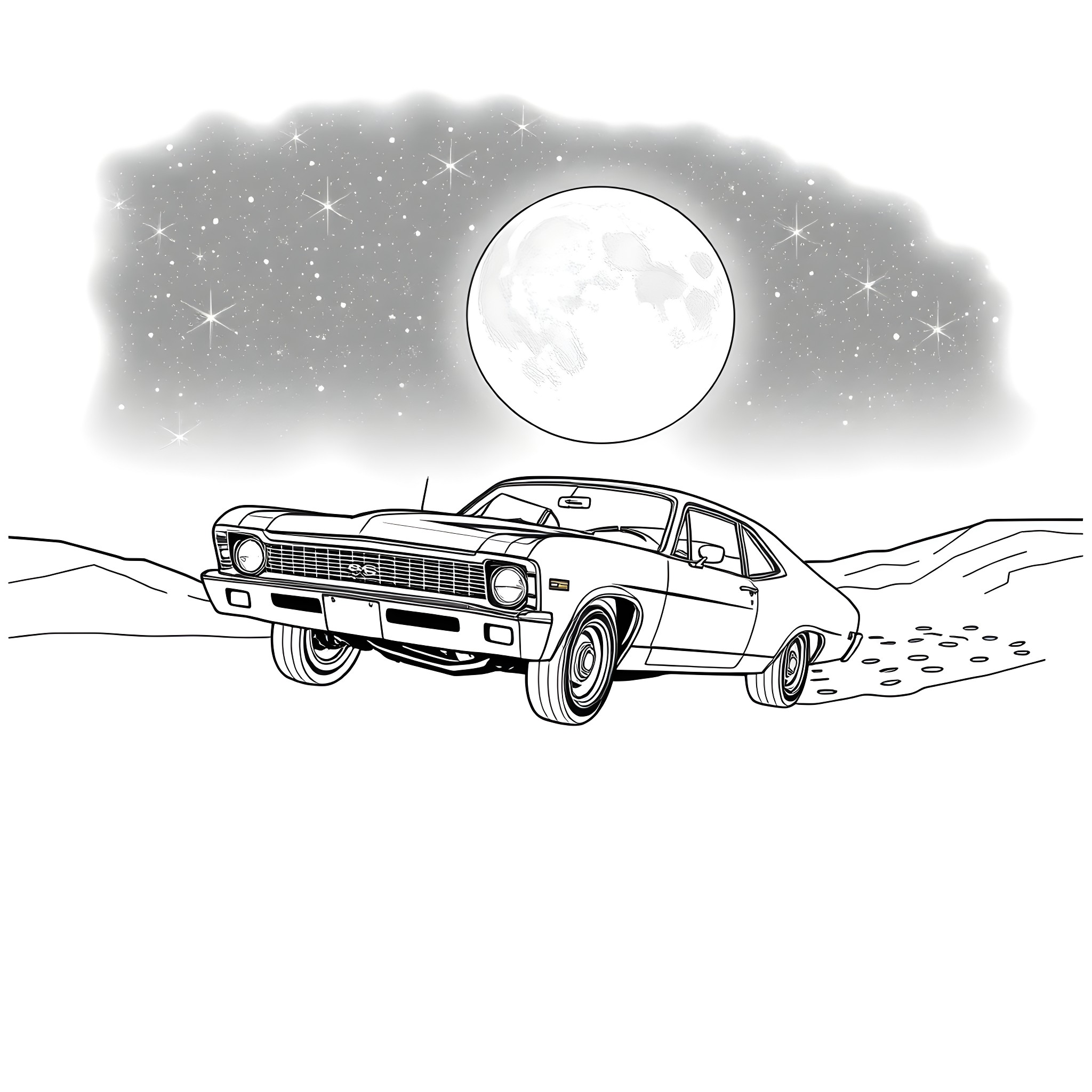 Chevy Nova driving under the moonlight Coloring Page (free black-and-white line drawing printable PDF for all, from beginners to advanced learners, including children, teens, adults, and seniors)