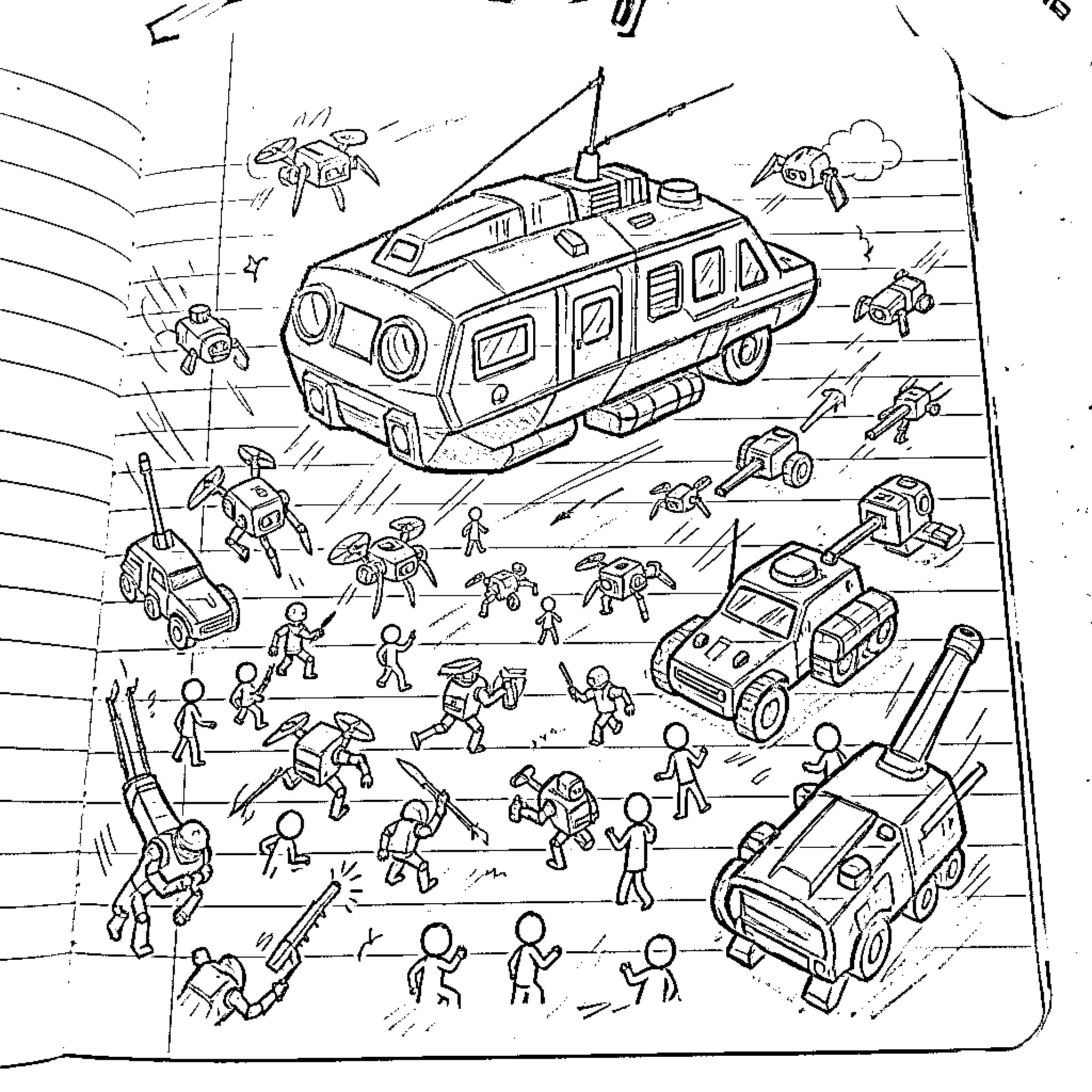 Transport Ship deploying robots and soldiers in battle Coloring Page (free black-and-white line drawing printable PDF for all, from beginners to advanced learners, including children, teens, adults, and seniors)