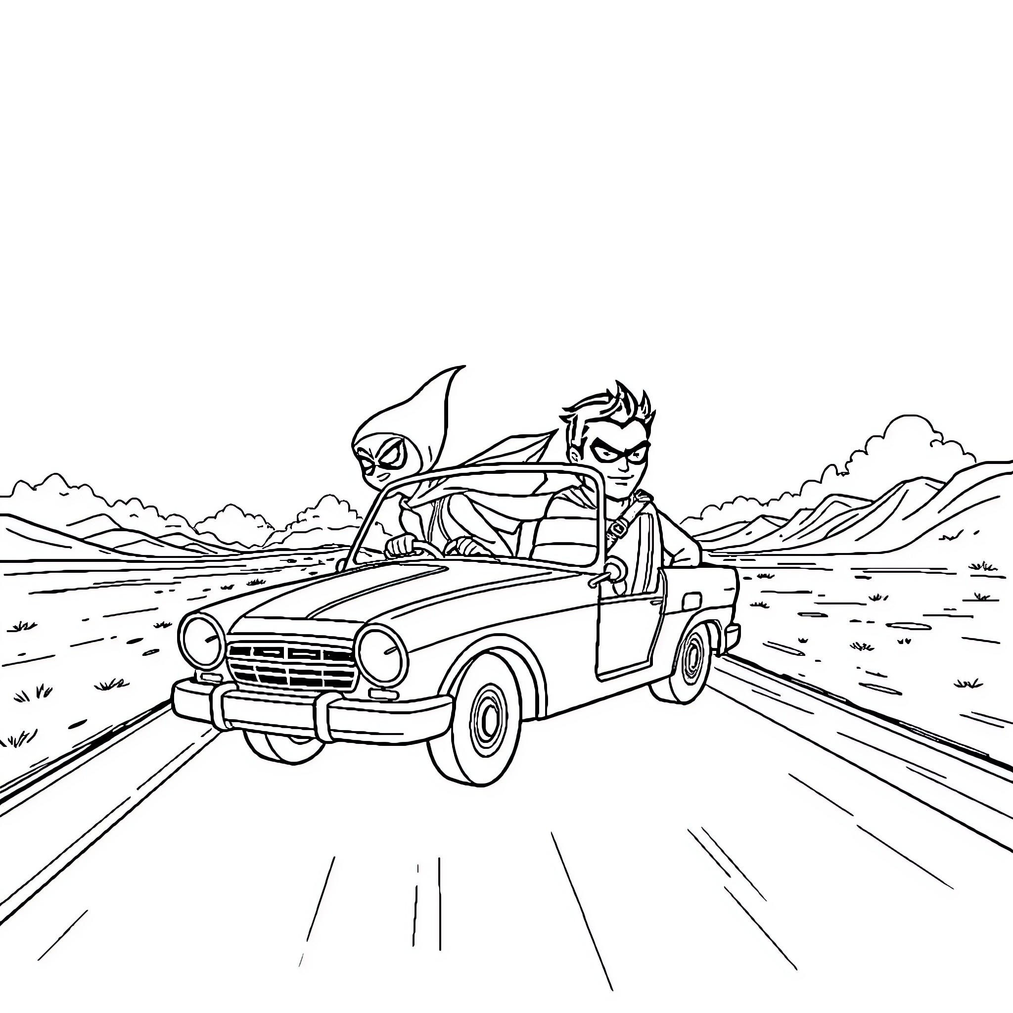Raven driving a vintage car on the open road Coloring Page (free black-and-white line drawing printable PDF for all, from beginners to advanced learners, including children, teens, adults, and seniors)