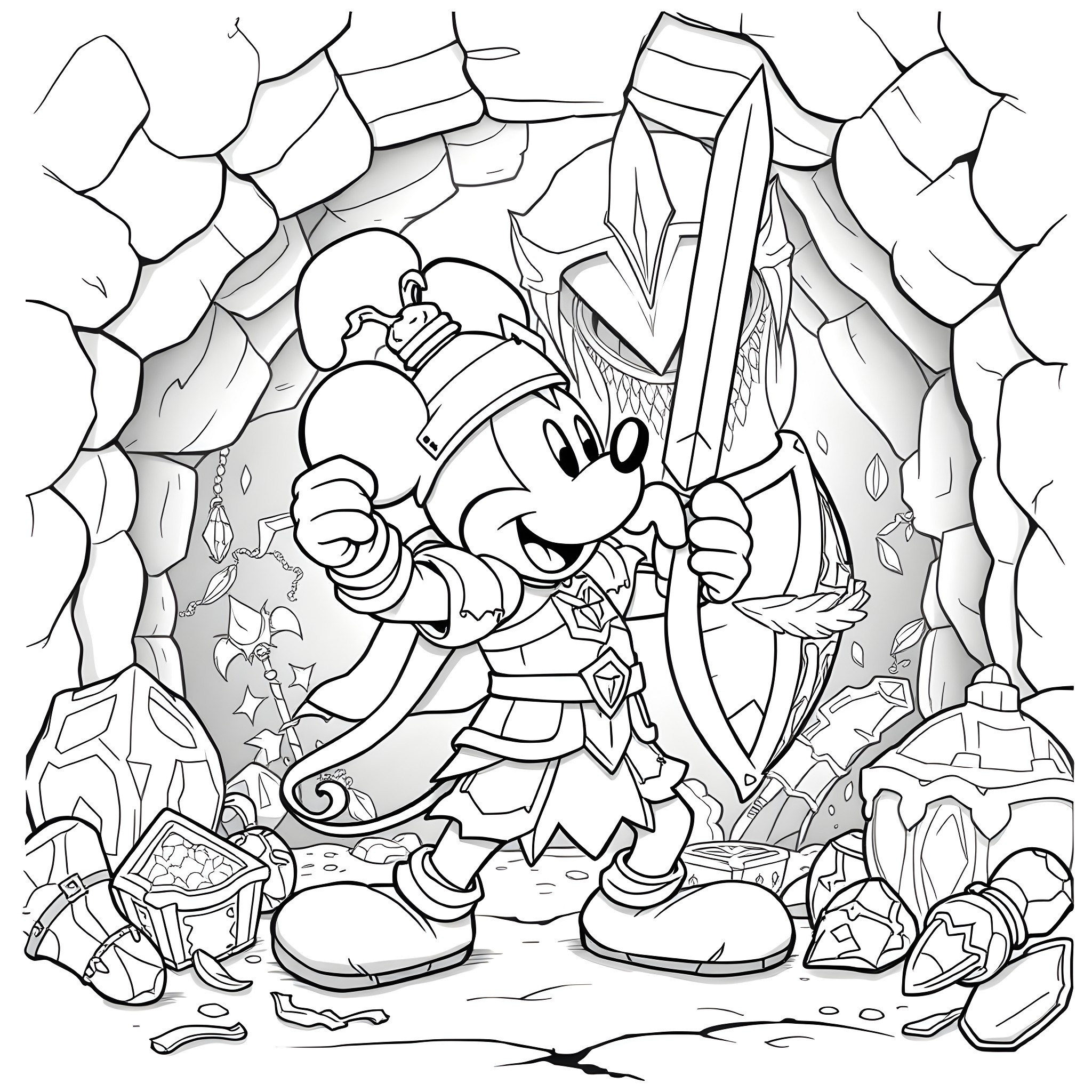 Mickey Mouse exploring fantasy cave with treasure Coloring Page (free black-and-white line drawing printable PDF for all, from beginners to advanced learners, including children, teens, adults, and seniors)