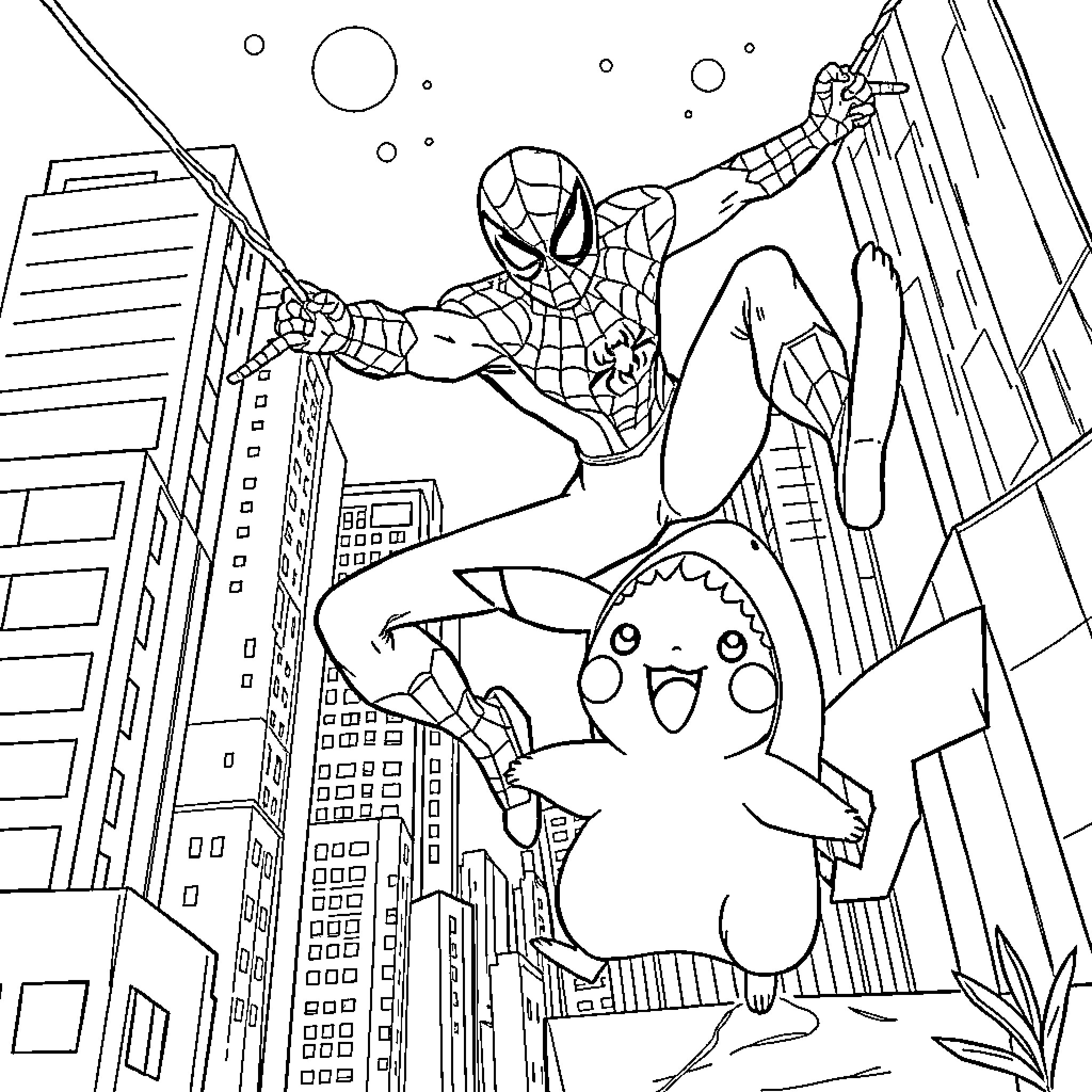 Spiderman swinging through the city with a Pikachu companion Coloring Page (free black-and-white line drawing printable PDF for all, from beginners to advanced learners, including children, teens, adults, and seniors)