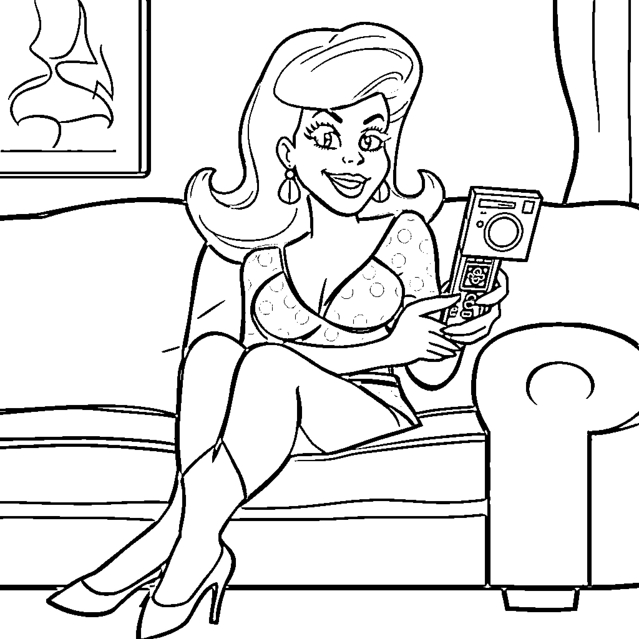 Peg Bundy relaxing at home with a retro radio Coloring Page (free black-and-white line drawing printable PDF for all, from beginners to advanced learners, including children, teens, adults, and seniors)