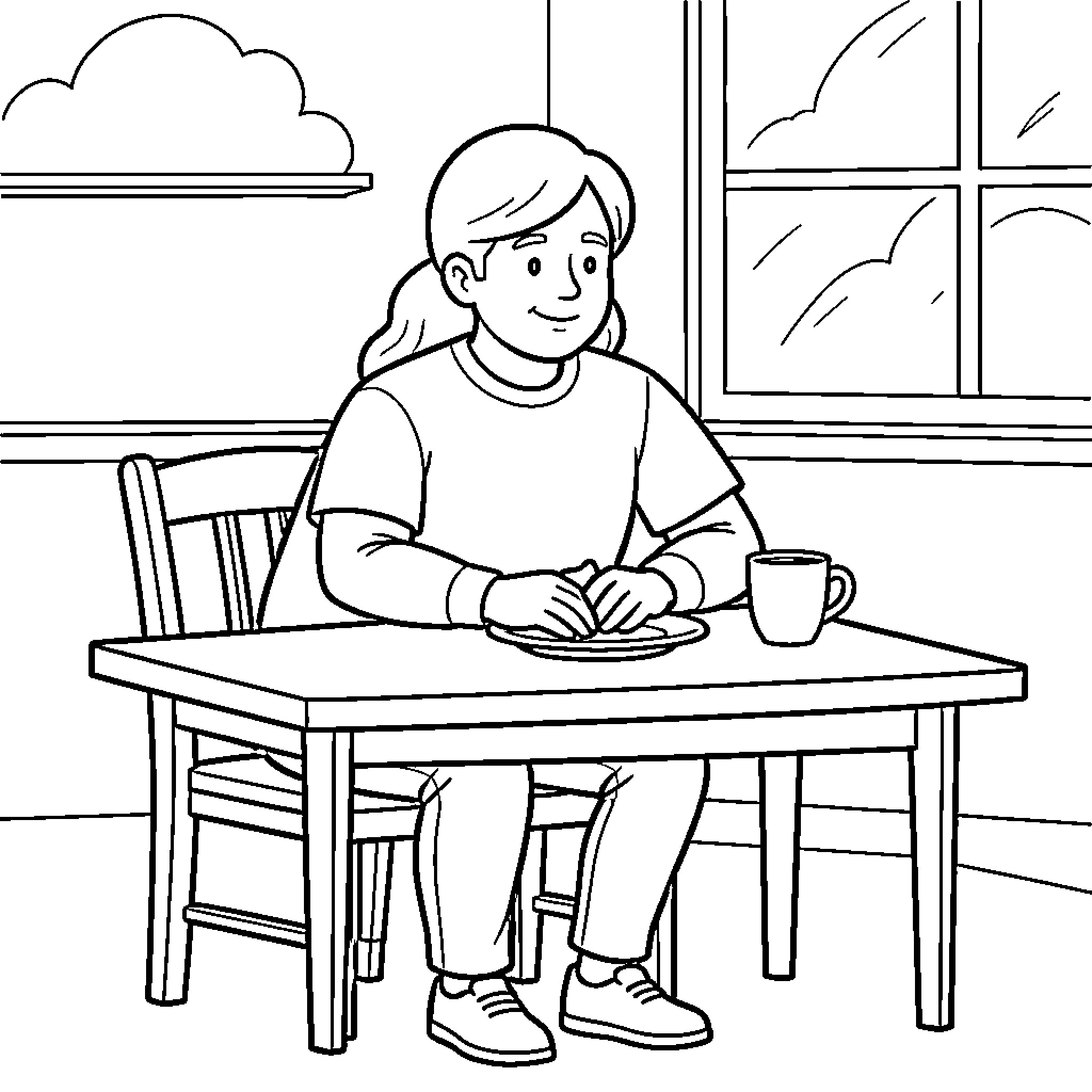 Assisting in eating a meal at the table Coloring Page (free black-and-white line drawing printable PDF for all, from beginners to advanced learners, including children, teens, adults, and seniors)