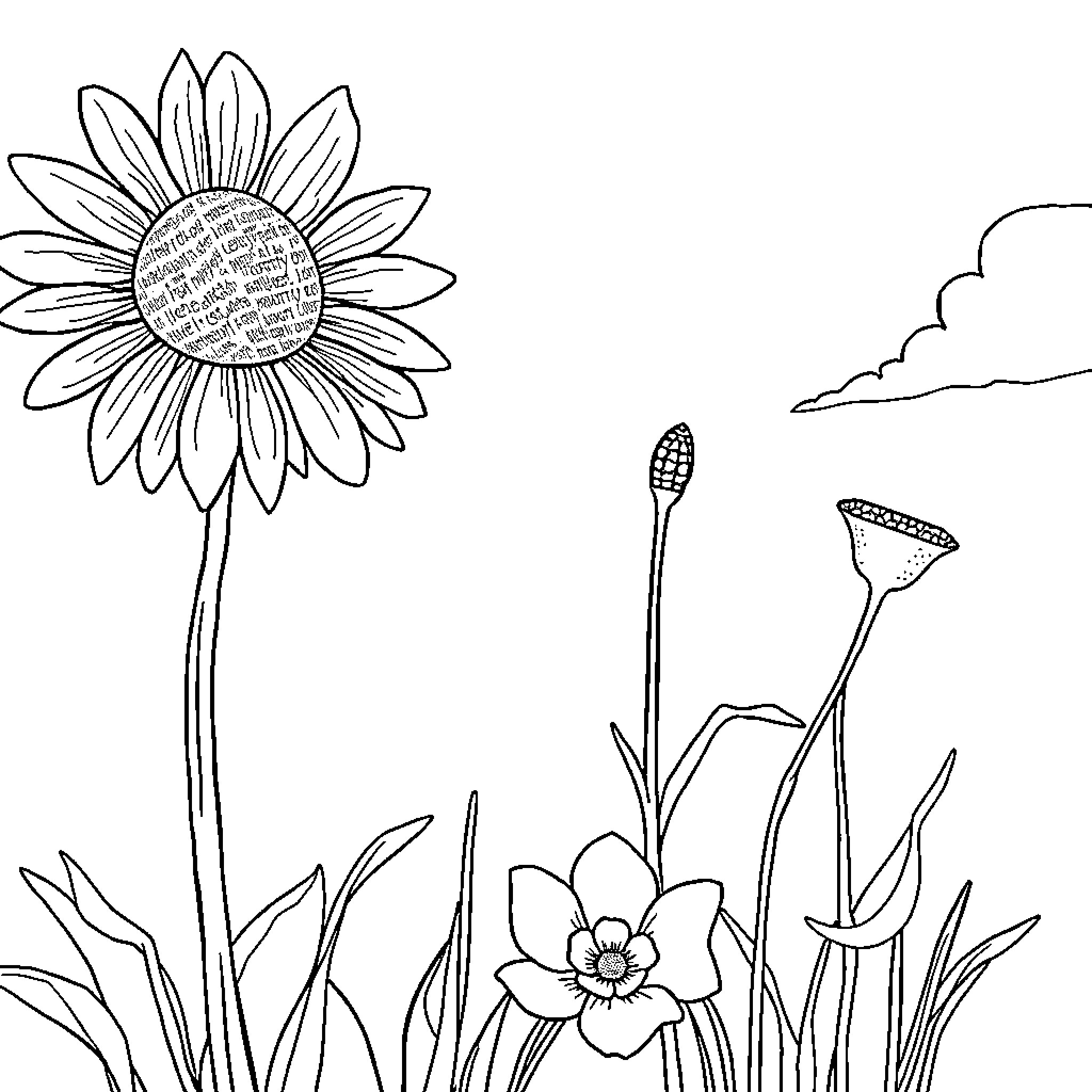 Bonnie's Enchanting Floral Scene Coloring Page (free black-and-white line drawing printable PDF for all, from beginners to advanced learners, including children, teens, adults, and seniors)