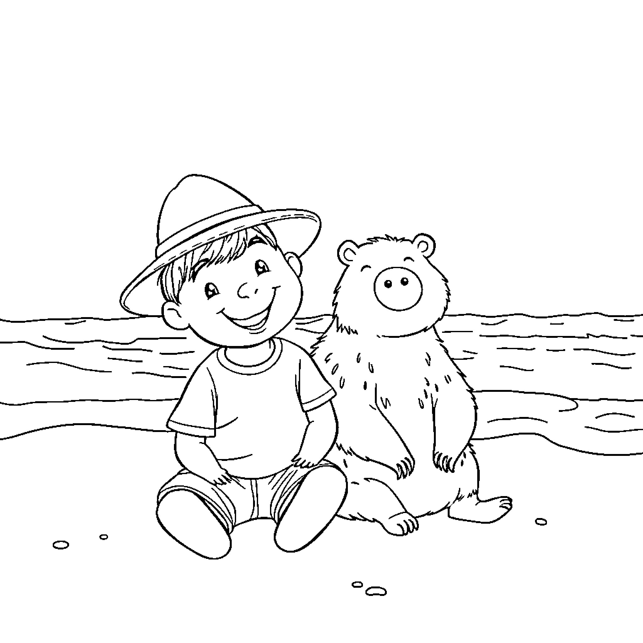 Capybara and child friends at the beach Coloring Page (free black-and-white line drawing printable PDF for all, from beginners to advanced learners, including children, teens, adults, and seniors)