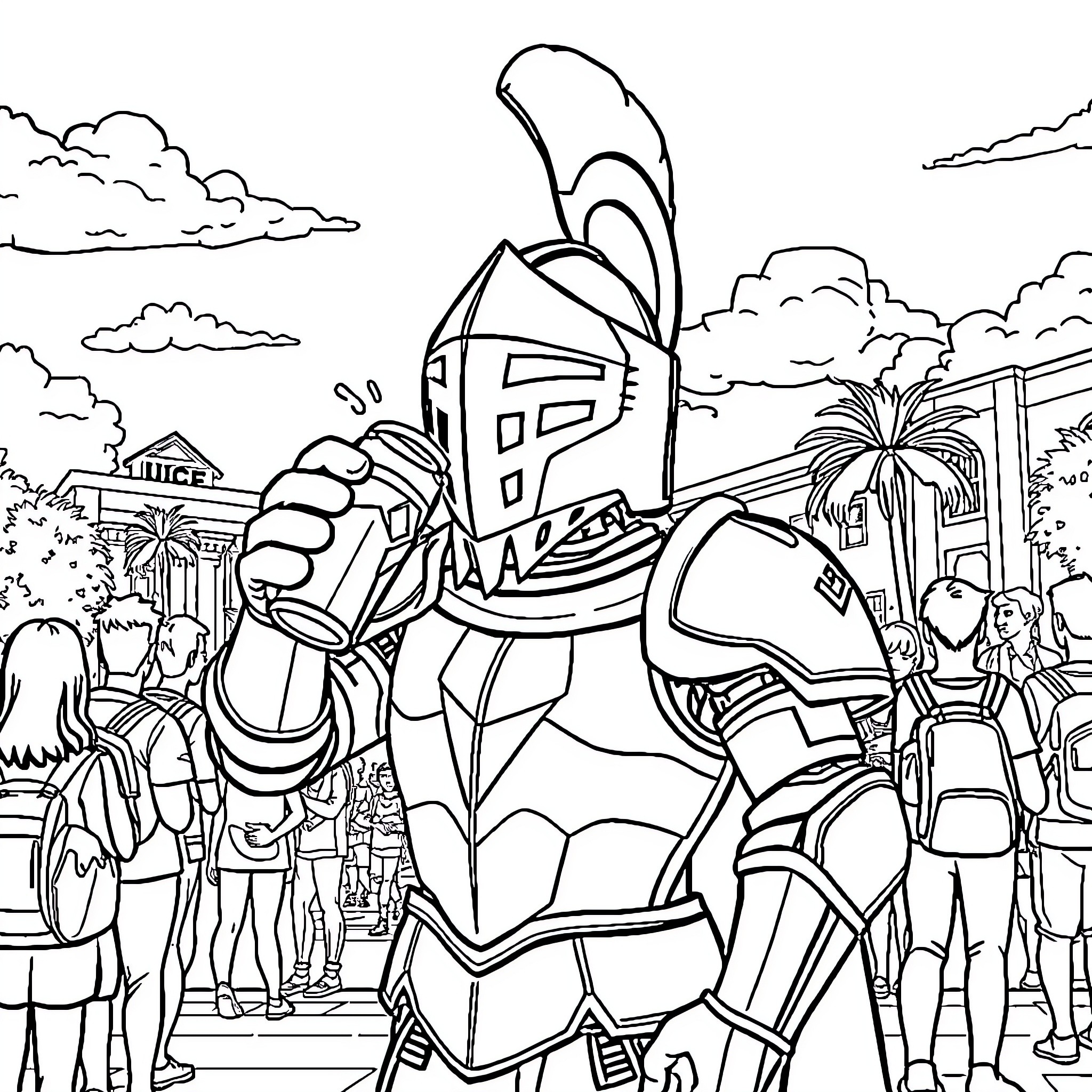 Knight Heroically Defends the City from Threats Coloring Page (free black-and-white line drawing printable PDF for all, from beginners to advanced learners, including children, teens, adults, and seniors)