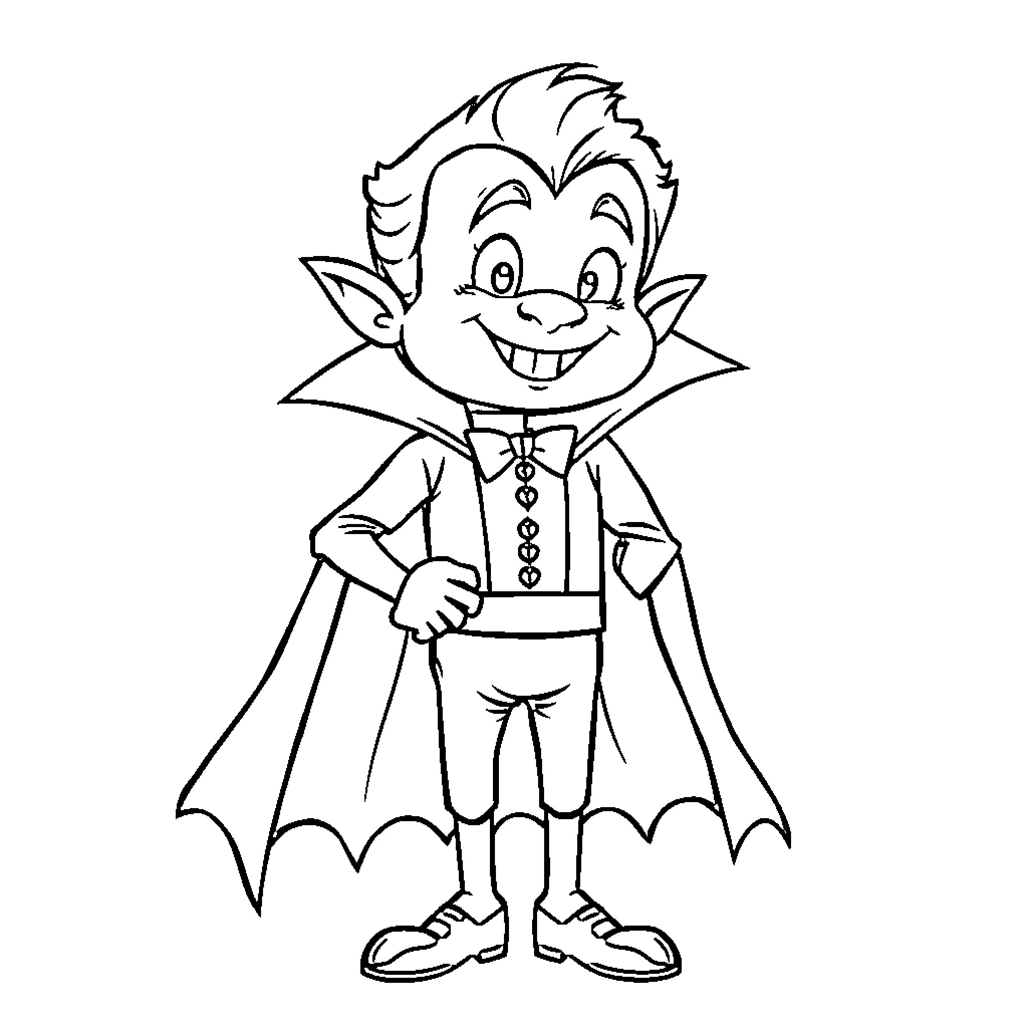 Dracula smiling and posing in his vampire outfit Coloring Page (free black-and-white line drawing printable PDF for all, from beginners to advanced learners, including children, teens, adults, and seniors)