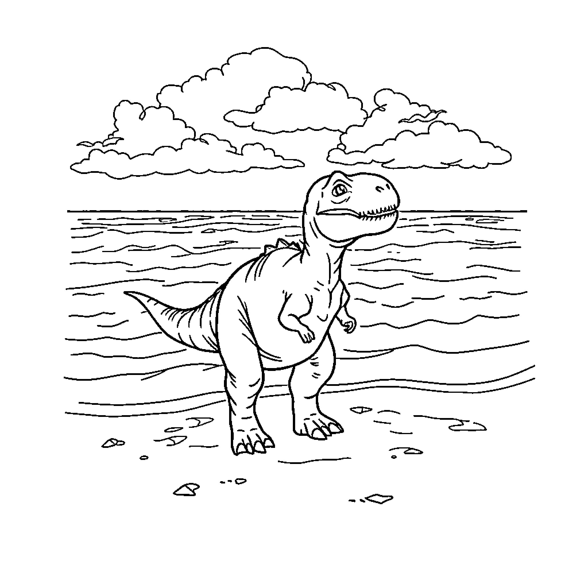 Dinosaur exploring the beach under cloudy skies Coloring Page (free black-and-white line drawing printable PDF for all, from beginners to advanced learners, including children, teens, adults, and seniors)