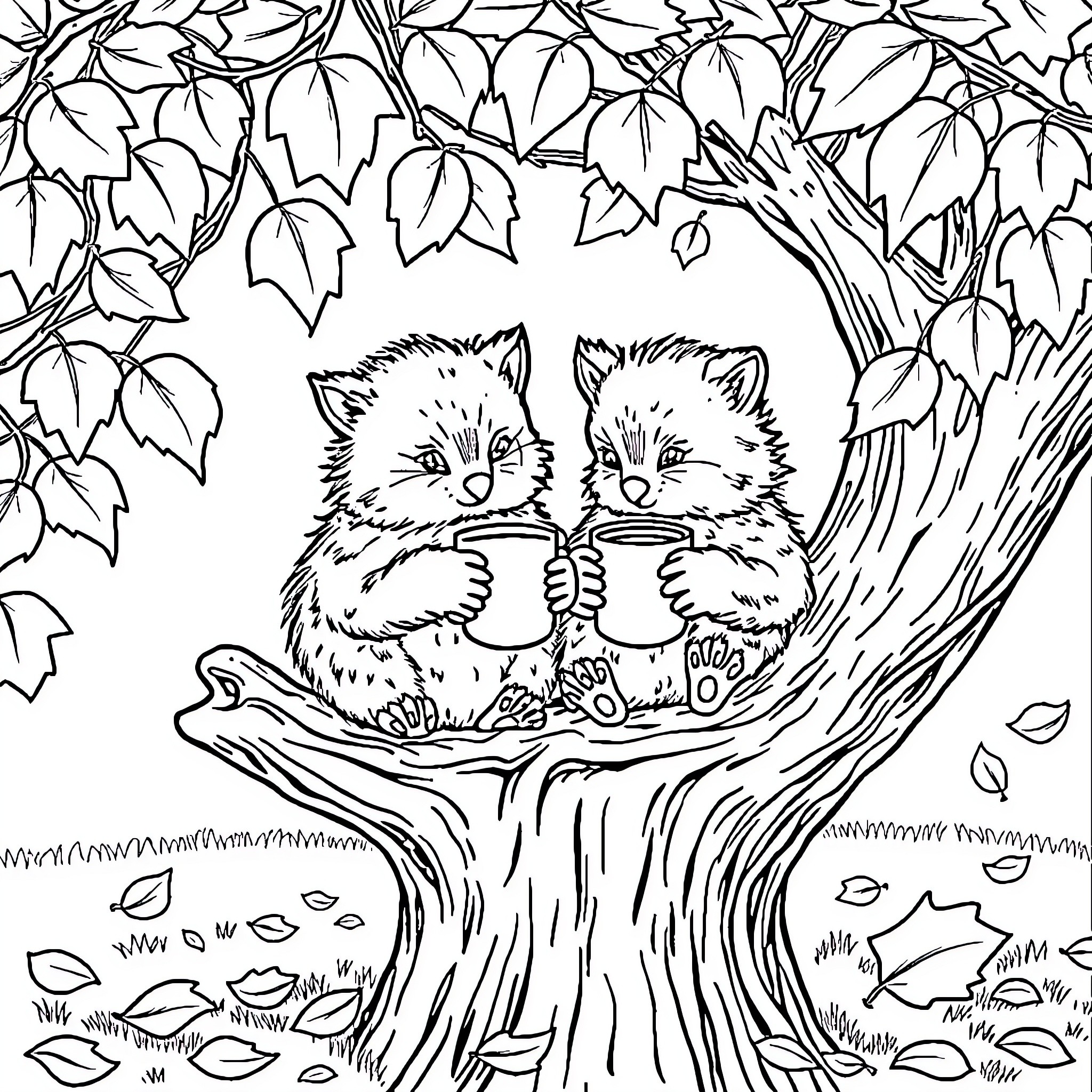 Bear kittens sharing a cozy cup in the forest Coloring Page (free black-and-white line drawing printable PDF for all, from beginners to advanced learners, including children, teens, adults, and seniors)