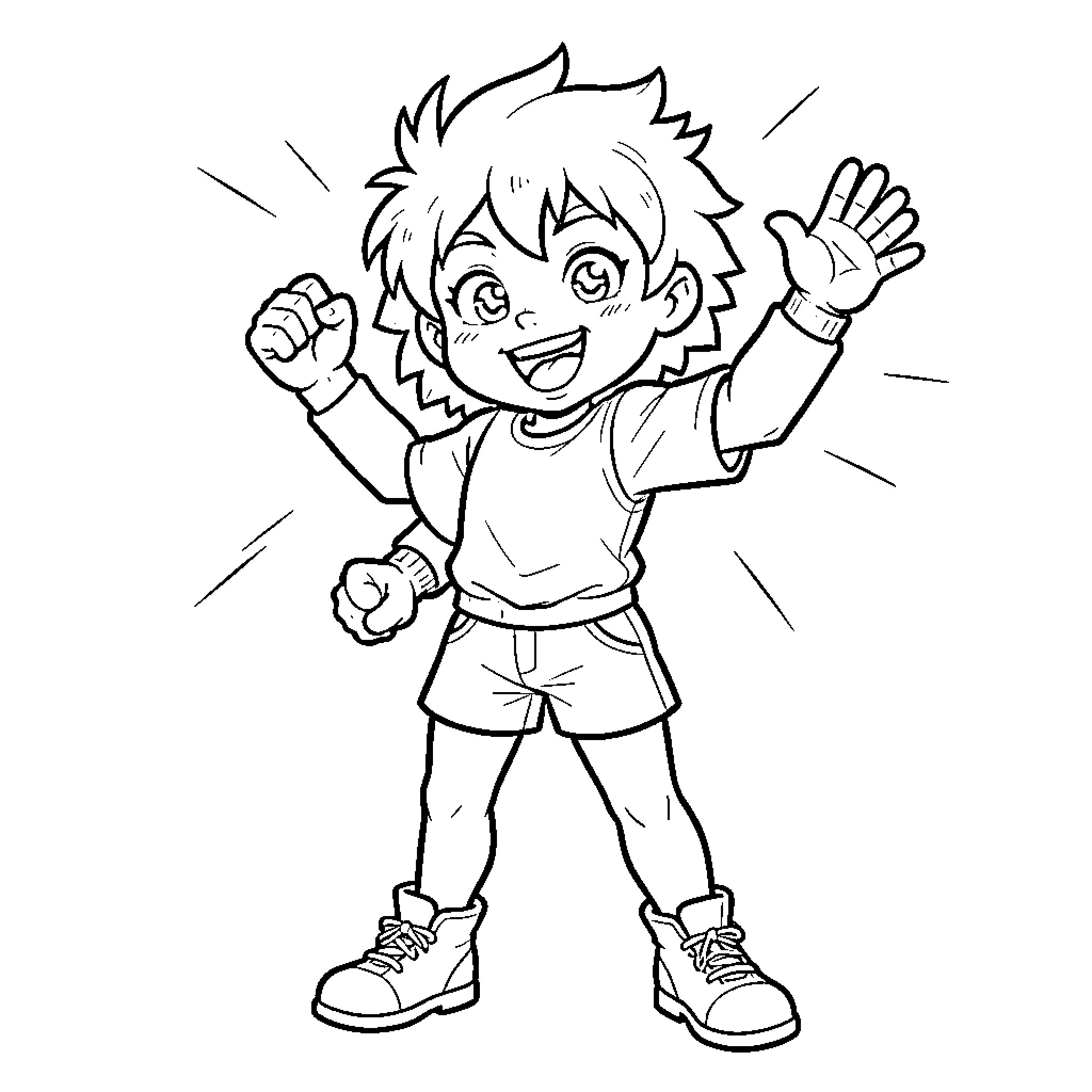 Spunky young boy celebrating excitedly Coloring Page (free black-and-white line drawing printable PDF for all, from beginners to advanced learners, including children, teens, adults, and seniors)