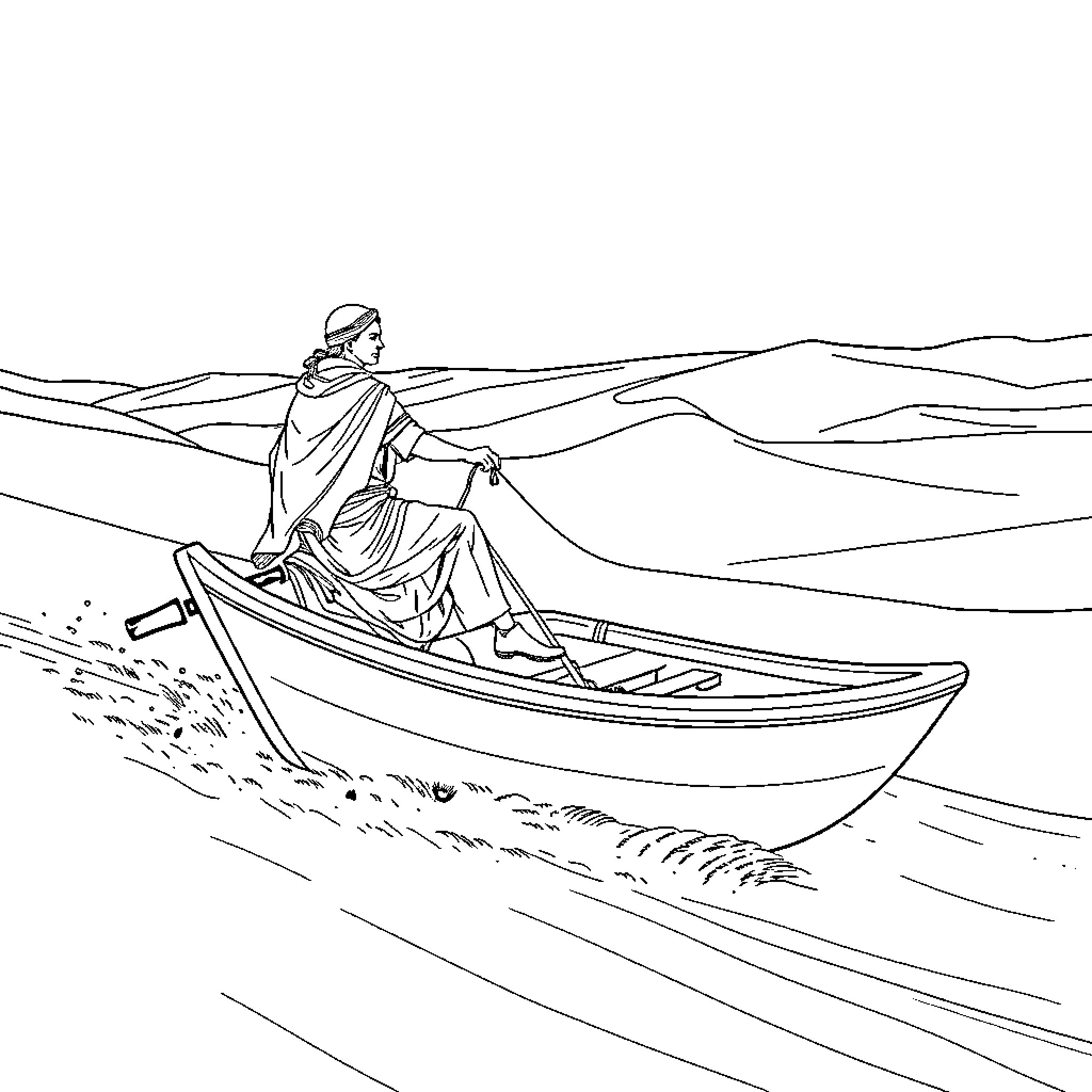 Man Navigating Boat on Serene Waters Coloring Page (free black-and-white line drawing printable PDF for all, from beginners to advanced learners, including children, teens, adults, and seniors)
