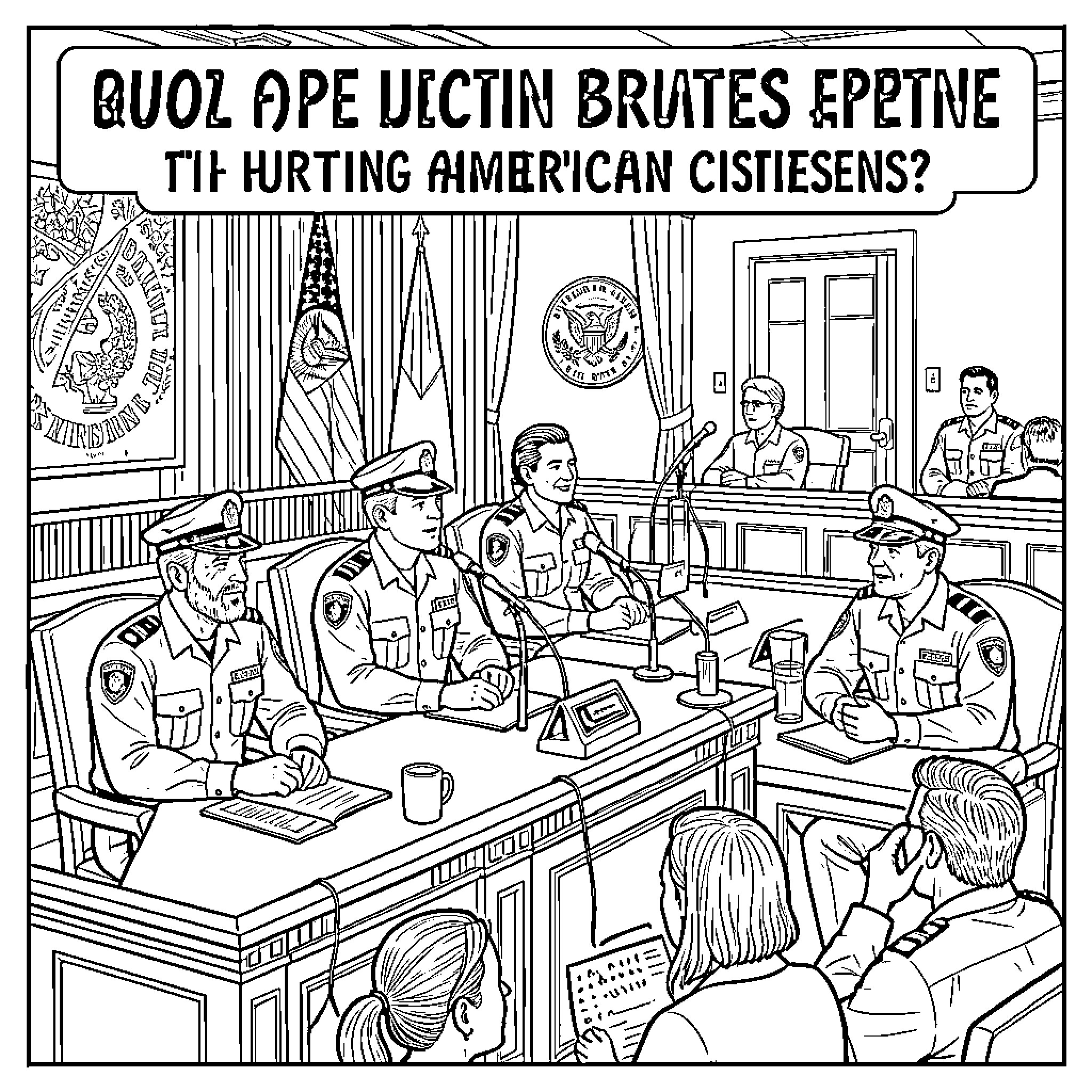 ICE Agents Interrogate American Citizens in Courtroom Coloring Page (free black-and-white line drawing printable PDF for all, from beginners to advanced learners, including children, teens, adults, and seniors)